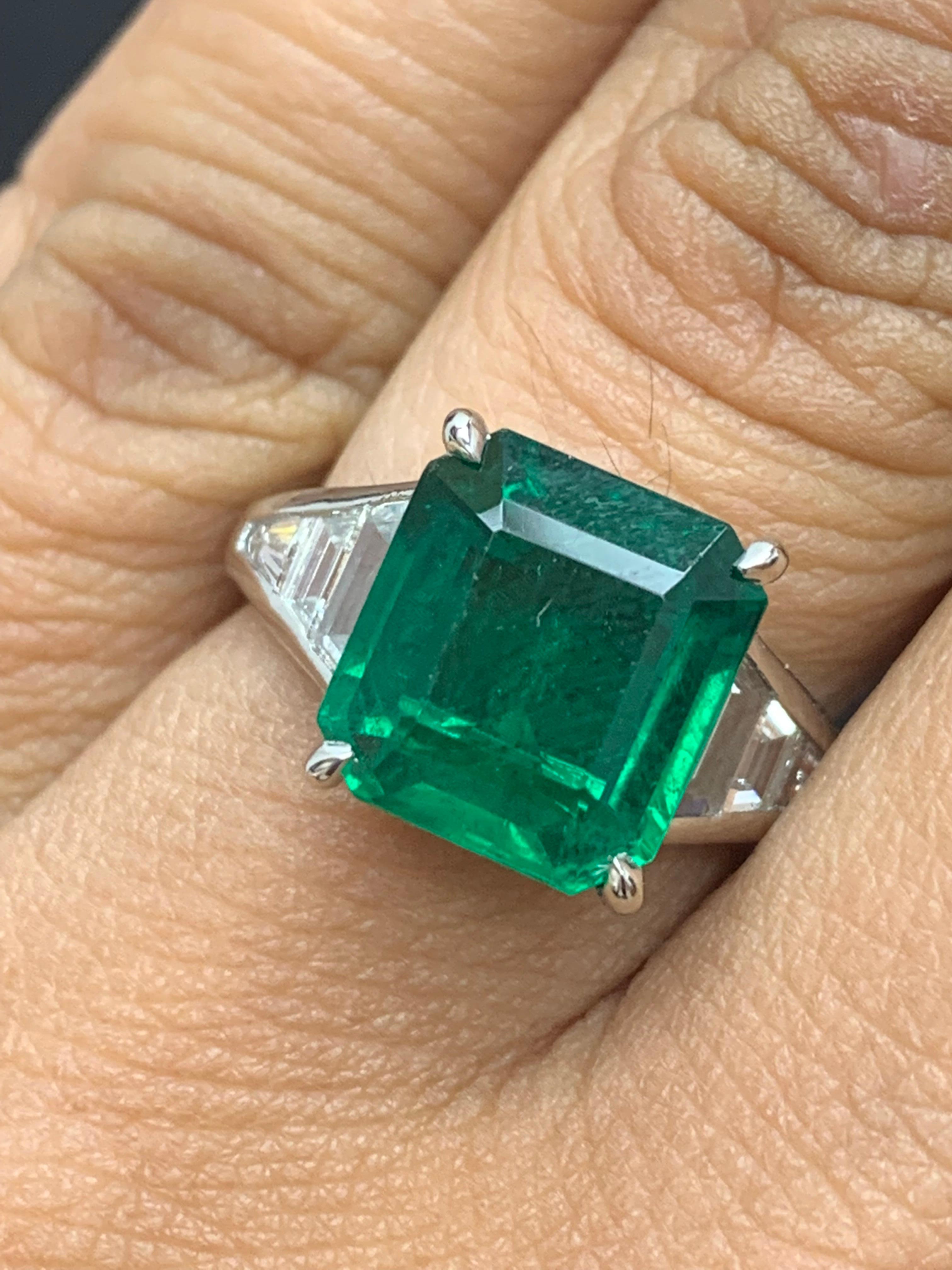 4.03 Carat Emerald Cut Emerald and Diamond Engagement Ring in Platinum For Sale 2