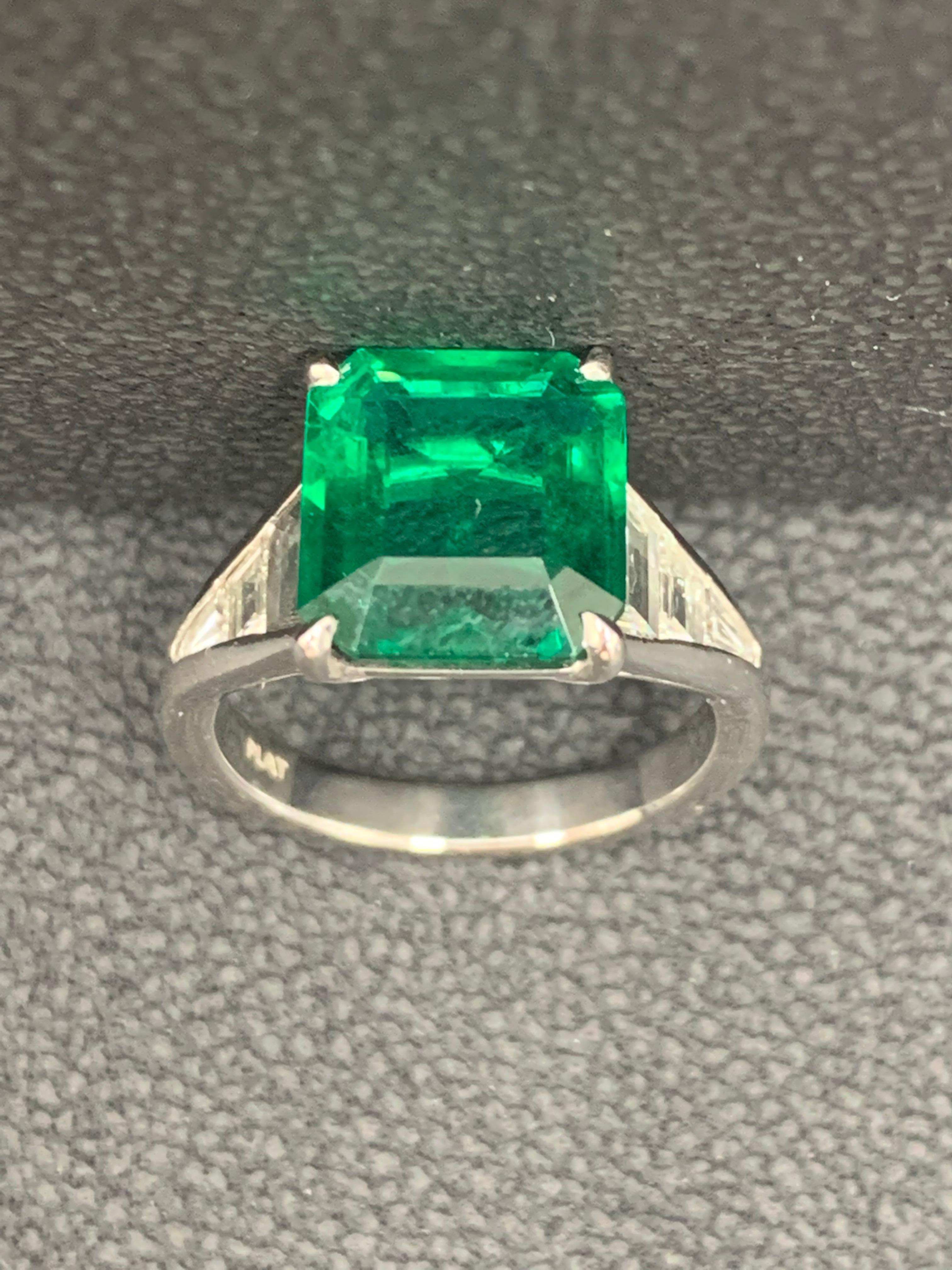4.03 Carat Emerald Cut Emerald and Diamond Engagement Ring in Platinum For Sale 9