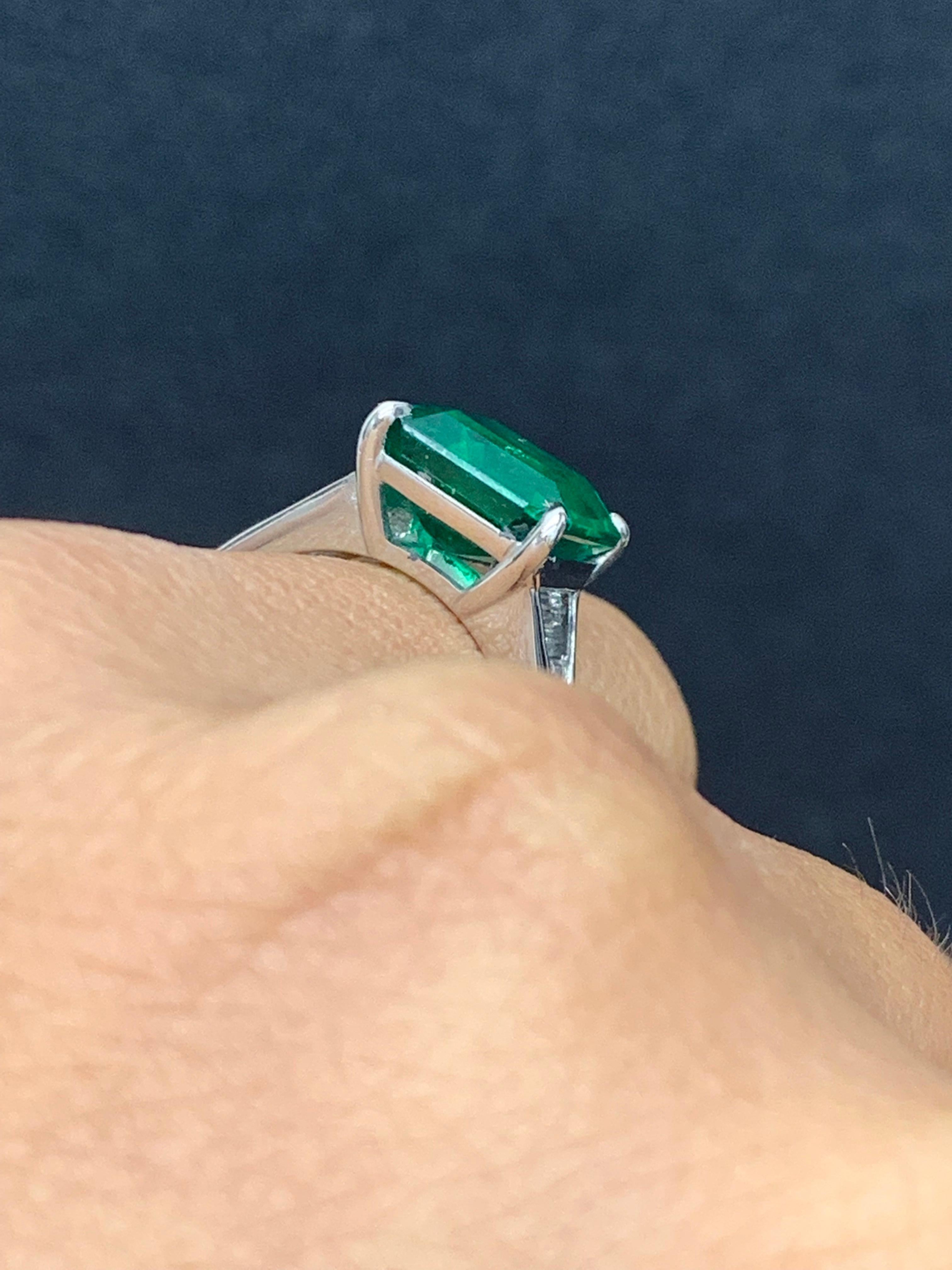 Women's 4.03 Carat Emerald Cut Emerald and Diamond Engagement Ring in Platinum For Sale