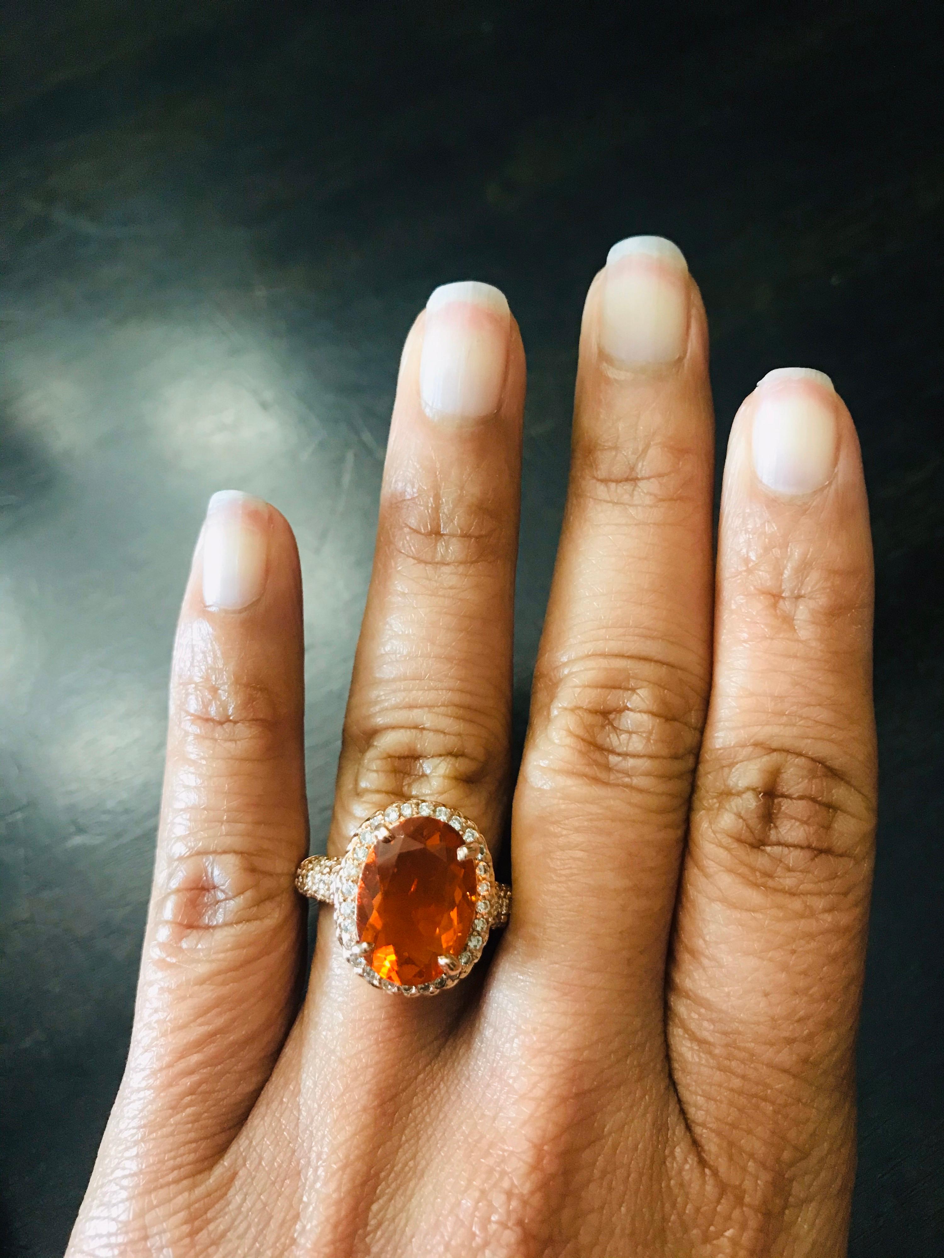 4.03 Carat Fire Opal Diamond 14 Karat Rose Gold Ring In New Condition For Sale In Los Angeles, CA