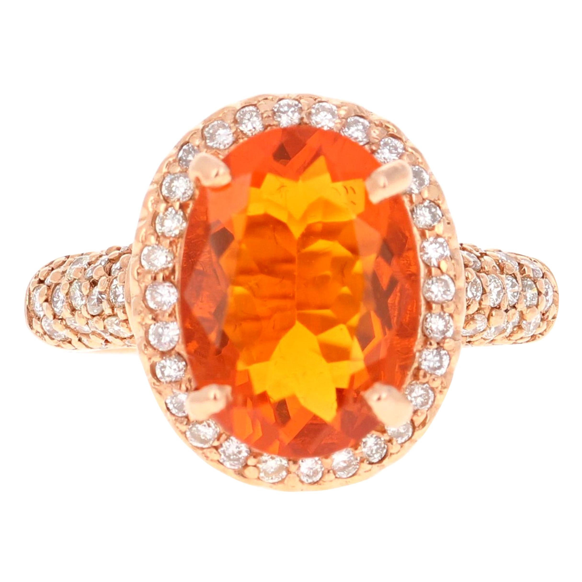 4.03 Carat Fire Opal Diamond 14 Karat Rose Gold Ring For Sale