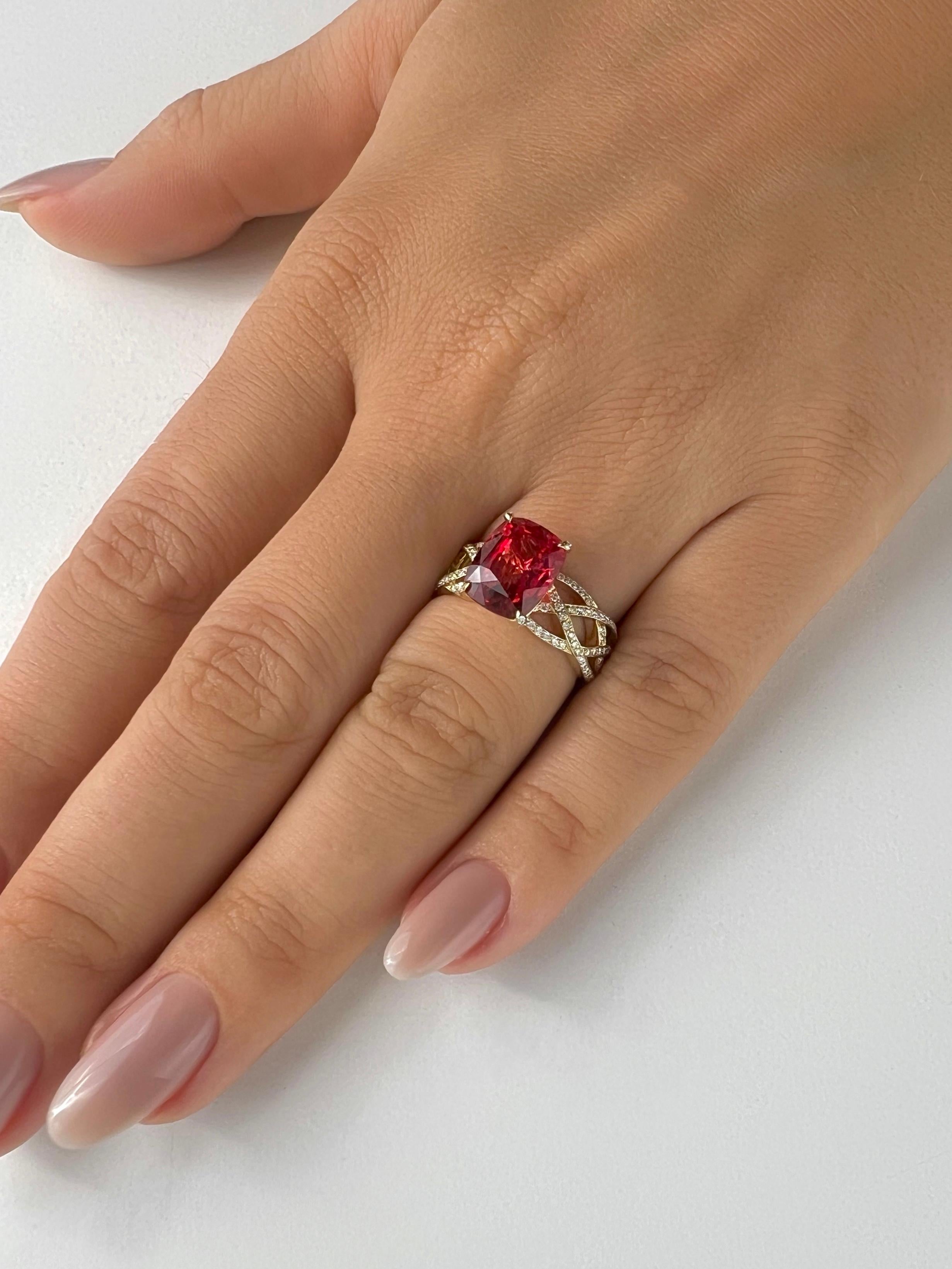 Cushion Cut 4.03 Carat Mahenge Red Spinel Ring with Diamond Braided Band in 18k Yellow Gold For Sale