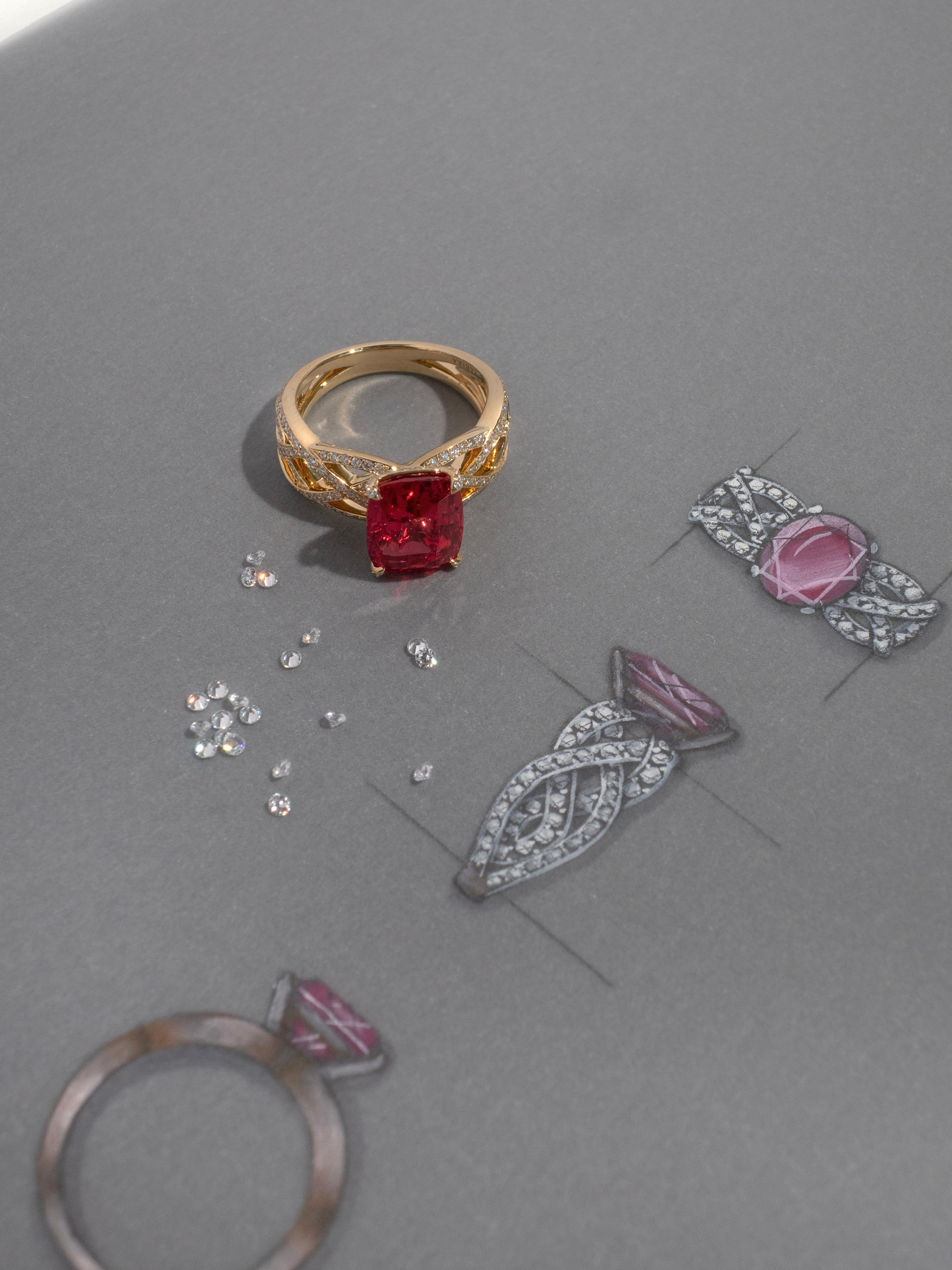 Women's 4.03 Carat Mahenge Red Spinel Ring with Diamond Braided Band in 18k Yellow Gold For Sale