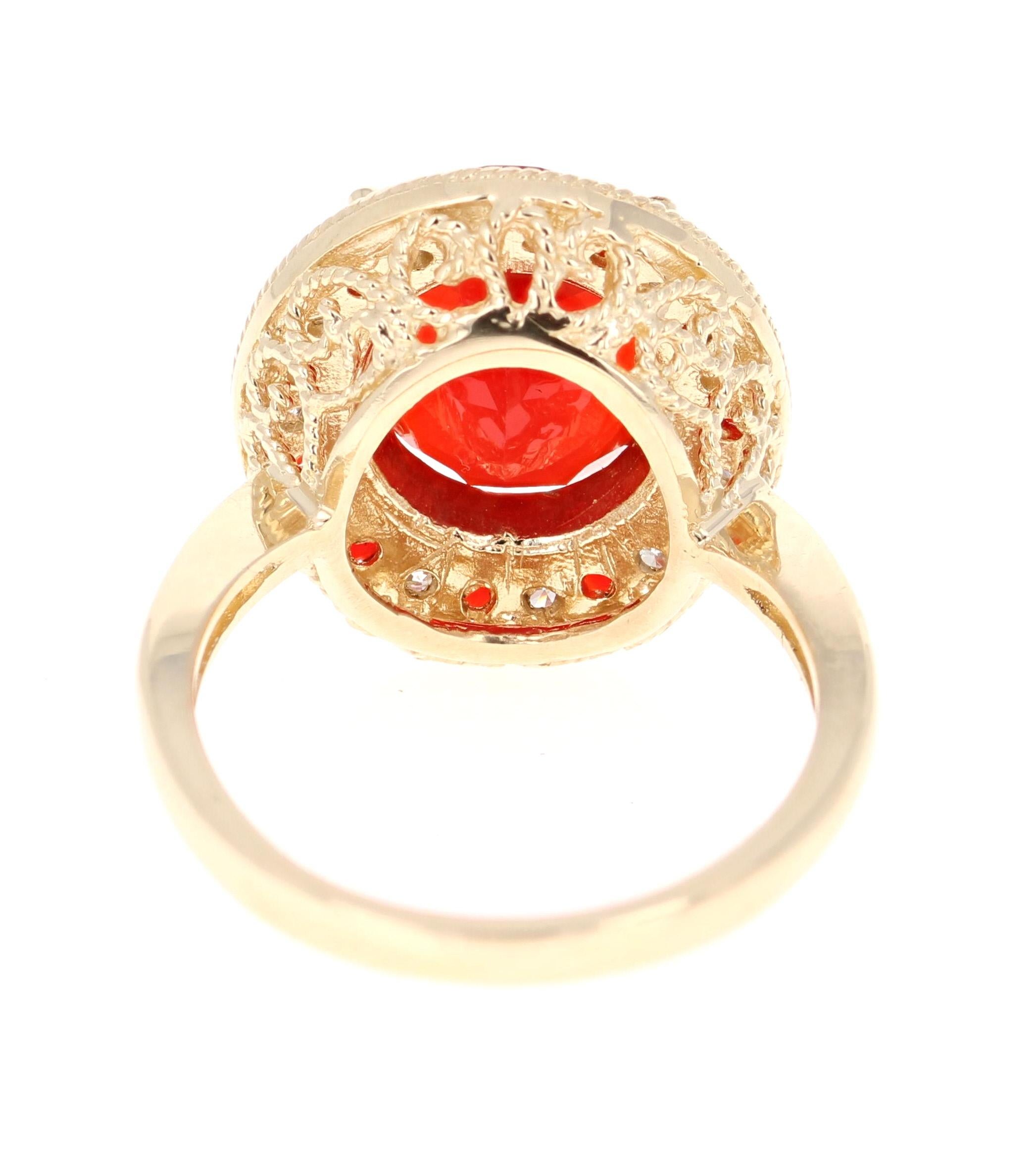 4.03 Carat Oval Cut Fire Opal Diamond 14 Karat Yellow Gold Cocktail Ring In New Condition In Los Angeles, CA