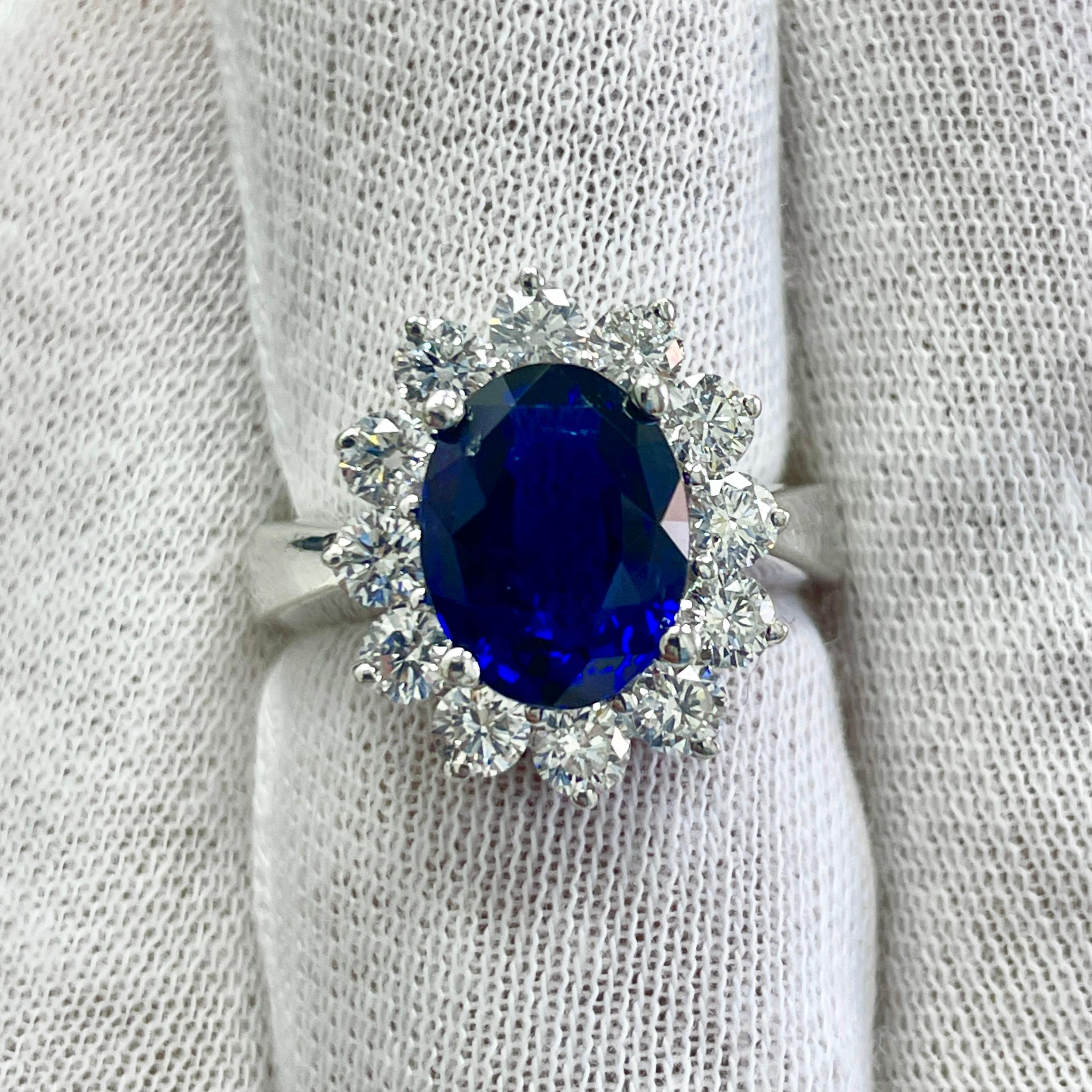 This is a vivid blue oval sapphire mounted in an elegant 14K white gold ring with 1.39Ct of brilliant white diamonds. Suitable for any occasion!