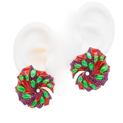 4.03 Carat Ruby with Green Jade Betta Fish Earrings, 18K Rose Gold, Austy Lee