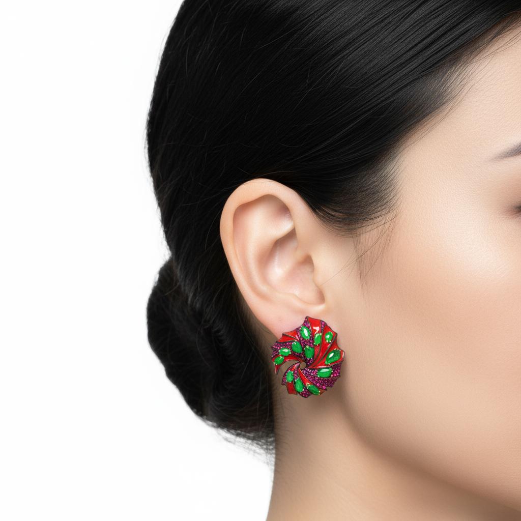 Orecchini a forma di pesce betta con rubino e giada verde da 4,03 carati, oro rosa 18 carati, Austy Lee in vendita 3