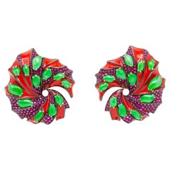 4.03 Carat Ruby with Green Jade Betta Fish Earrings, 18K Rose Gold, Austy Lee