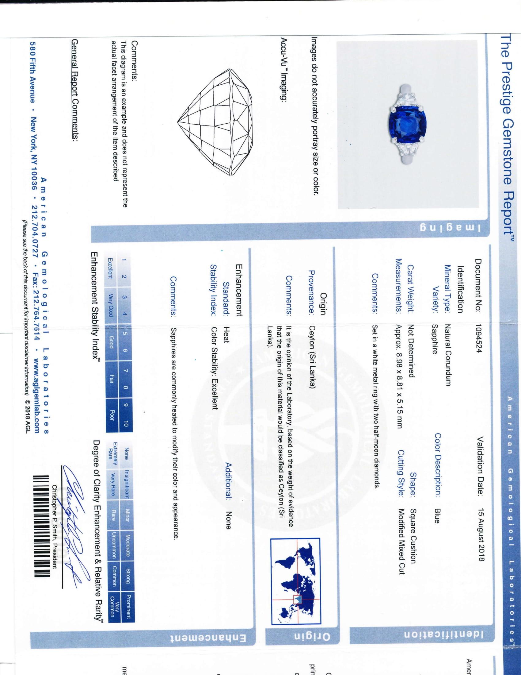 4.03 Carat Sapphire & Diamond White Gold Ring 'AGL Certified' In New Condition For Sale In New York, NY