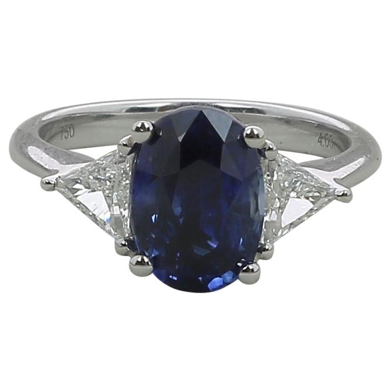 4.03 Carat Blue Sapphire Three-Stone Rings Trillion Diamonds 18K White Gold For Sale