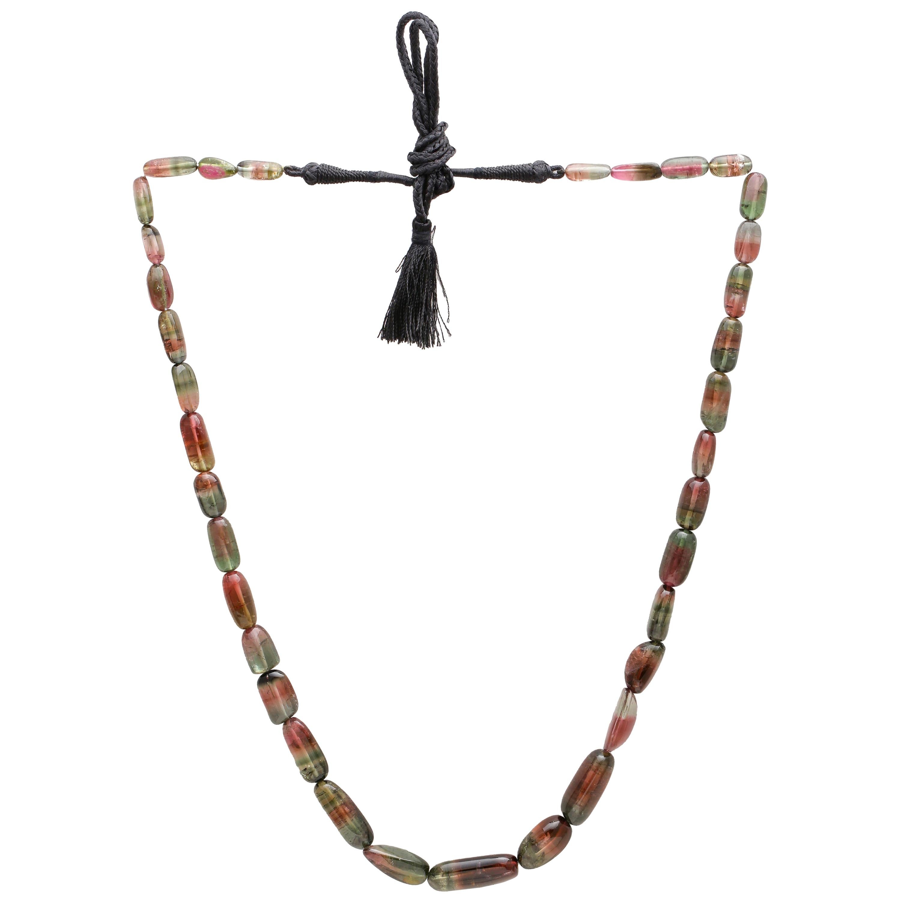 403 Carat Multi-Color Tourmaline Bead Necklace with Silk Thread For Sale