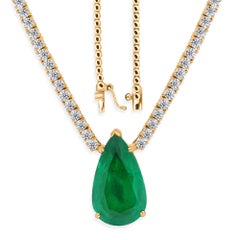 Natural Emerald & Diamond Tennis Necklace, 4.03ct Pear Emerald, 18K Yellow Gold