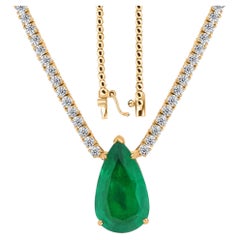 Natural Emerald & Diamond Tennis Necklace, 4.03ct Pear Emerald, 18K Yellow Gold