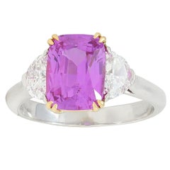 4.03 CTW No Heat Pink Sapphire Diamond Platinum 18K Gold Three Stone Ring