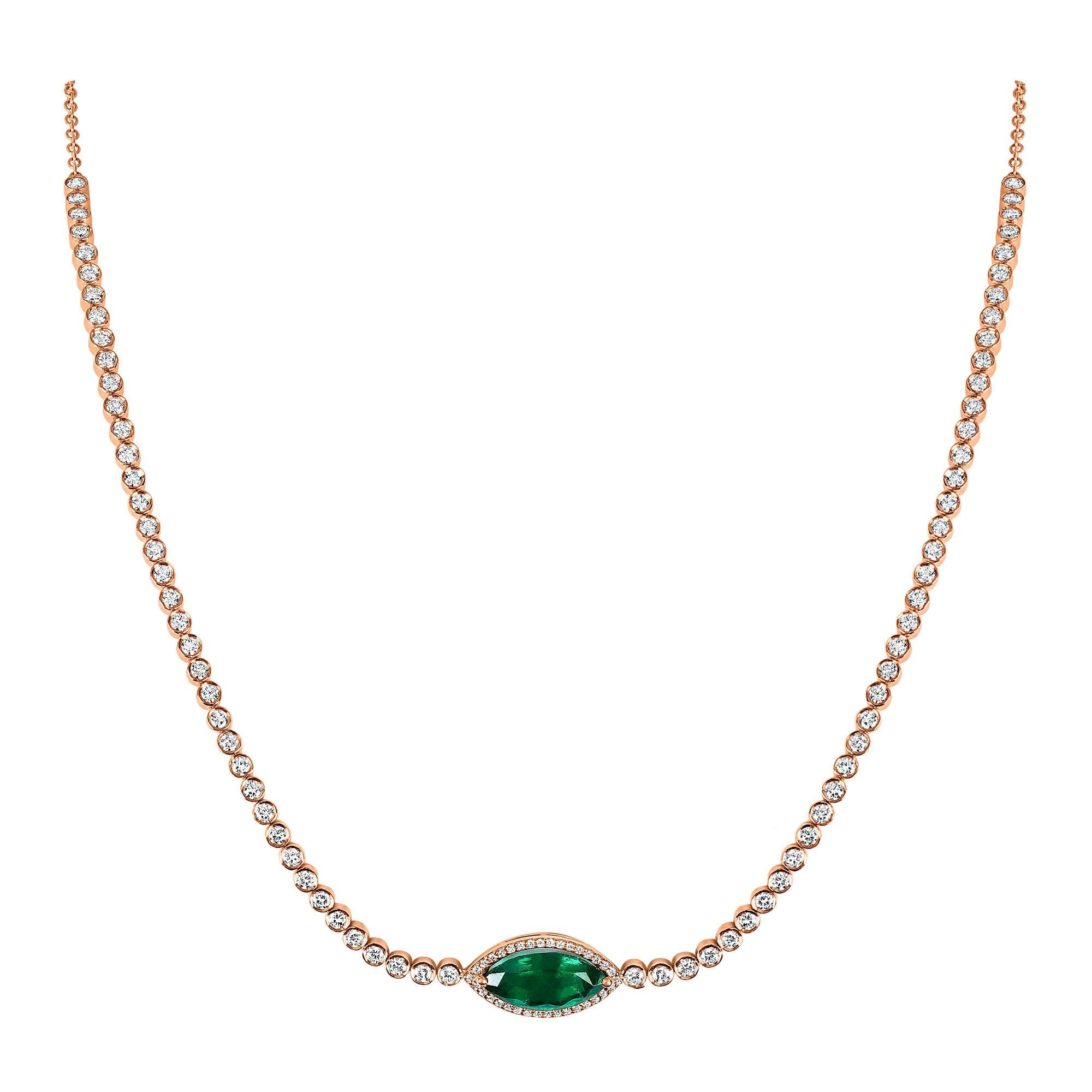 Modern 4.03 Marquise Shaped Emerald And Diamond Choker For Sale