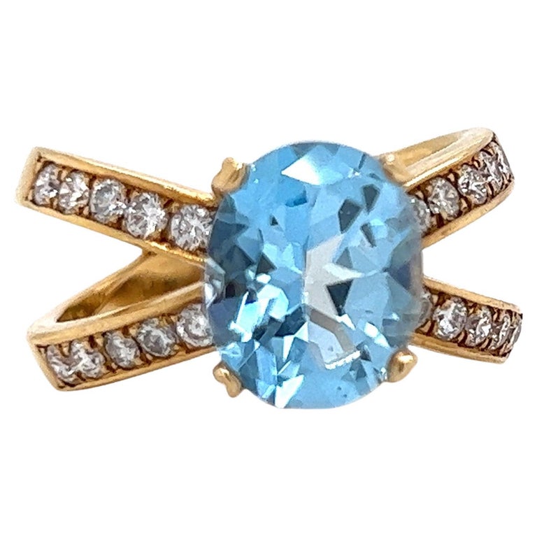 4.03 Oval Blue Topaz and Diamond Estate Ring For Sale