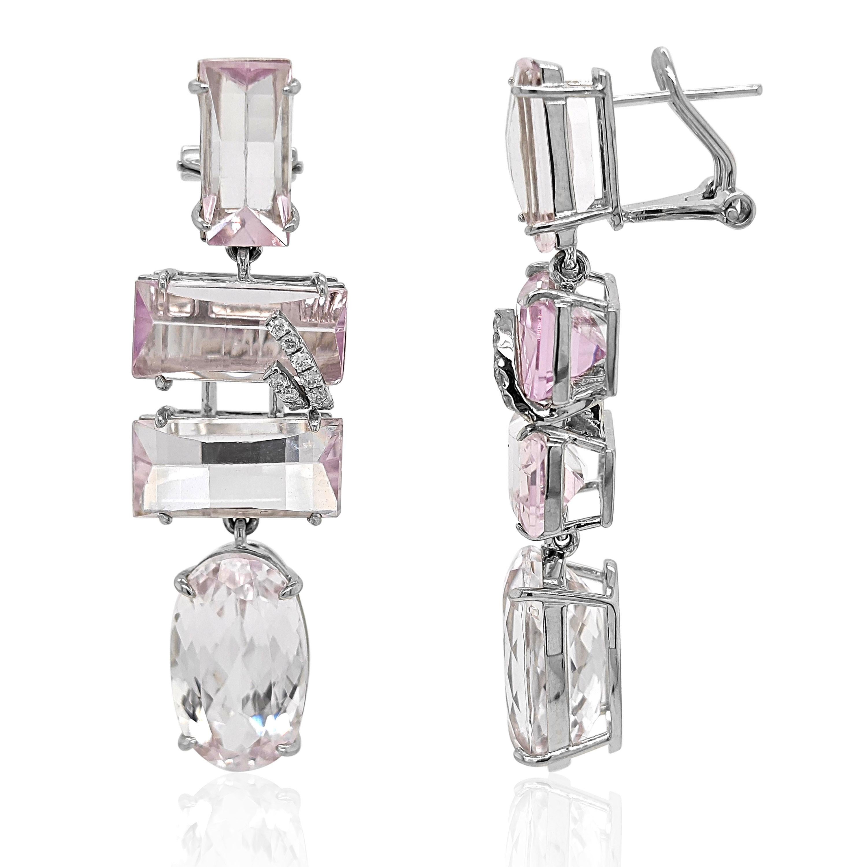 Mixed Cut 40.37 Carat kunzite and White Diamond White Gold Earrings For Sale