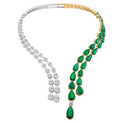 40.39 Ct Zambian Emerald 21.25 Ct Diamond Two Tone Drop Necklace 18K Gold