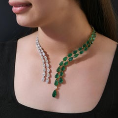40.39 Ct Zambian Emerald Diamond Collar Necklace 14k Yellow White Dual Tone Gold