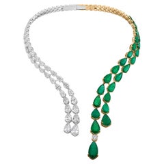 40.39 Ct Zambian Emerald Diamond Collar Necklace 18k Yellow White Dual Tone Gold