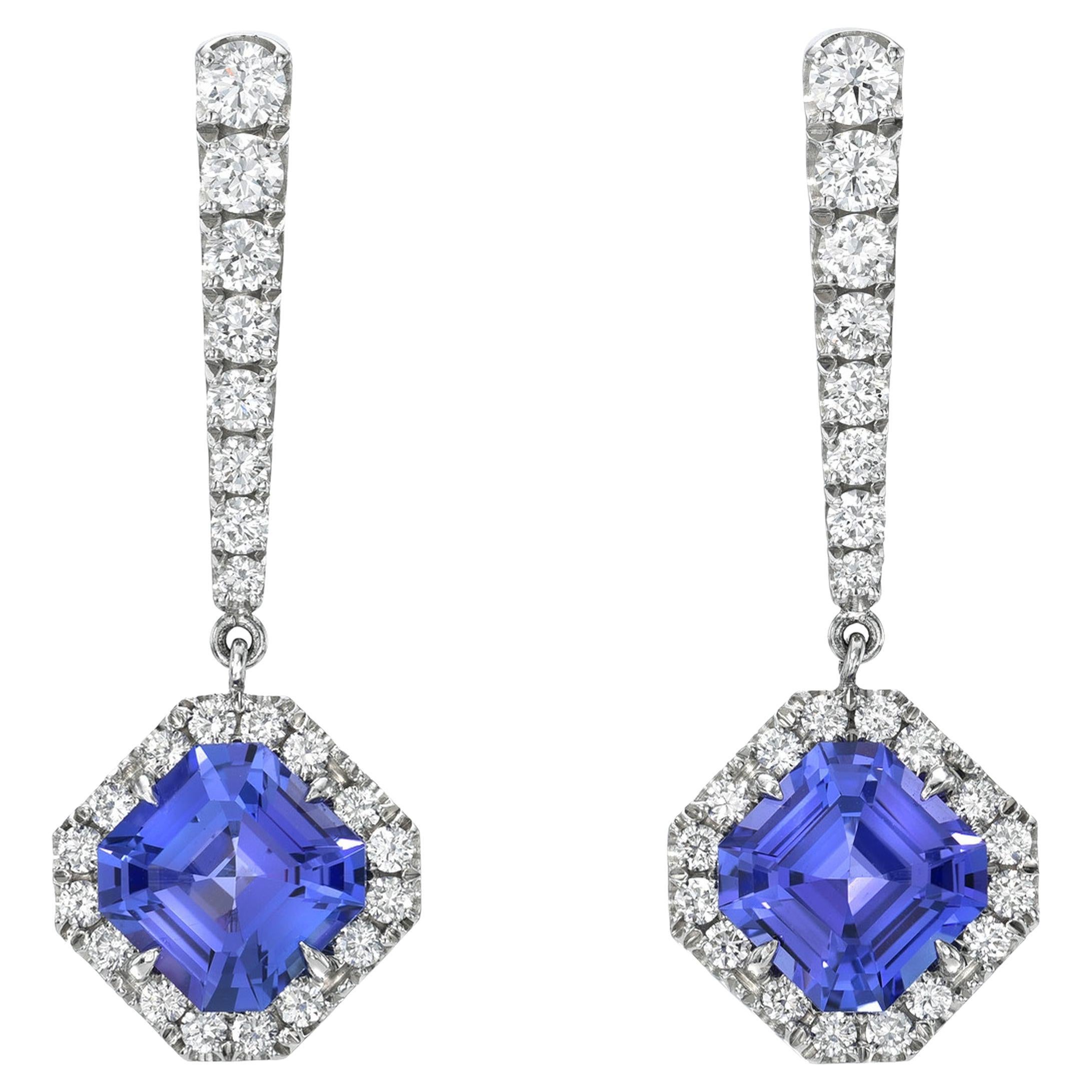 4.03ct Asscher Tanzanite Diamond Drop Earrings, Platinum - Merkaba Beverly Hills in vendita