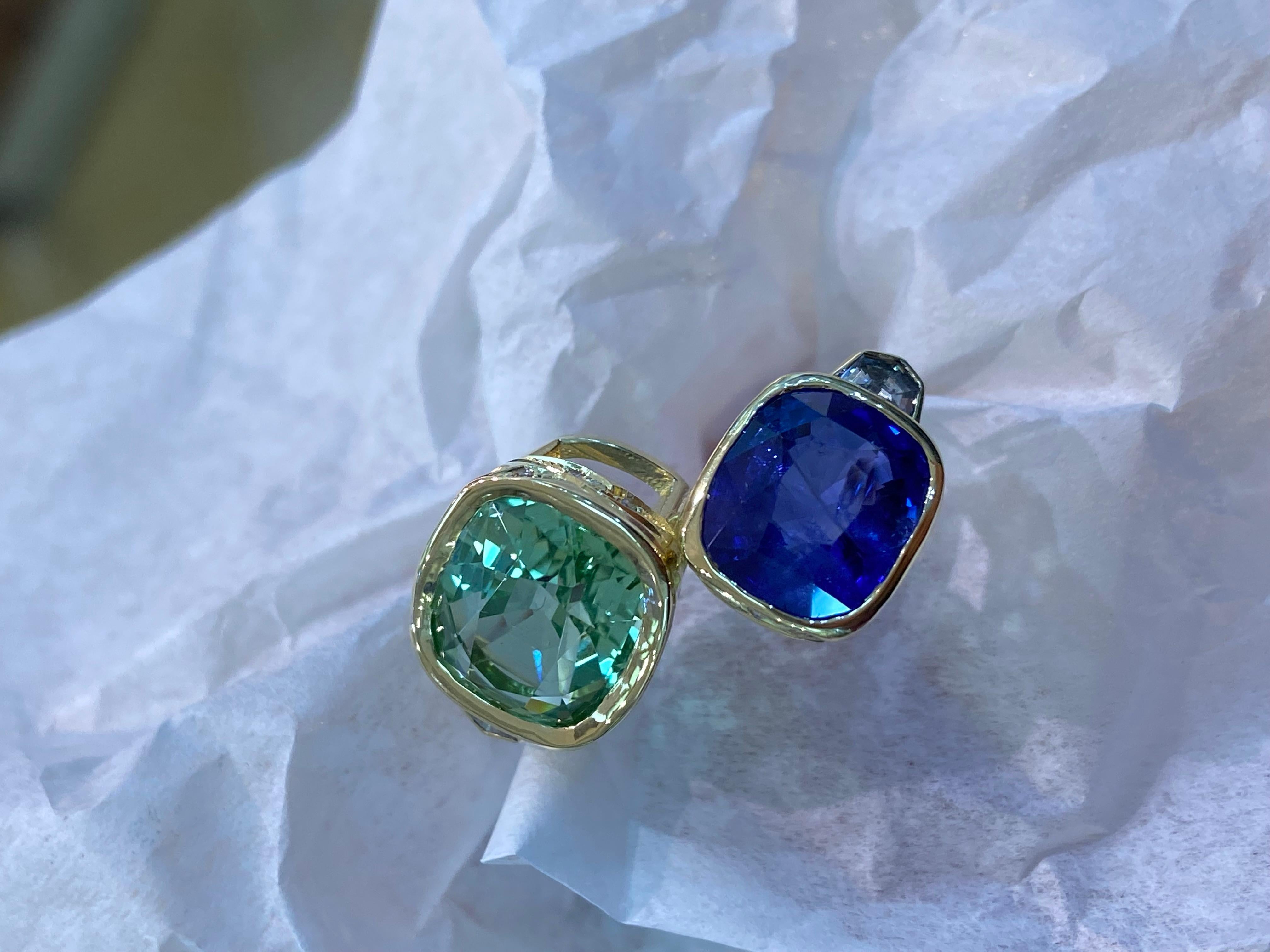 18K ring, featuring a 4.30-carat Sapphire from Sri Lanka and a 5.07-carat sea-foam Tourmaline from Afghanistan. Sapphire is GIA-certified. 