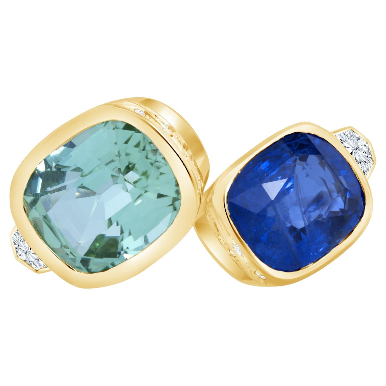 4.03ct Ceylon Sapphire and 5.07ct Afghan Tourmaline, cushion-cut bypass ring. For Sale