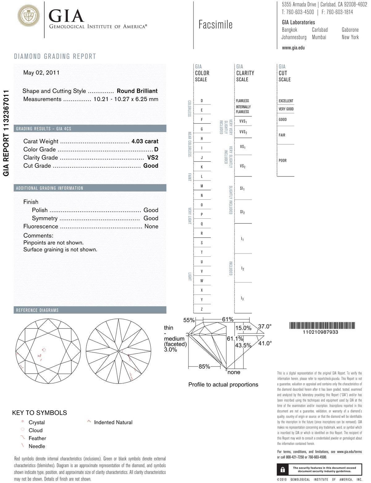 Round Cut 4.03 Carat Round Brilliant Diamond Ring 'D/VS2'