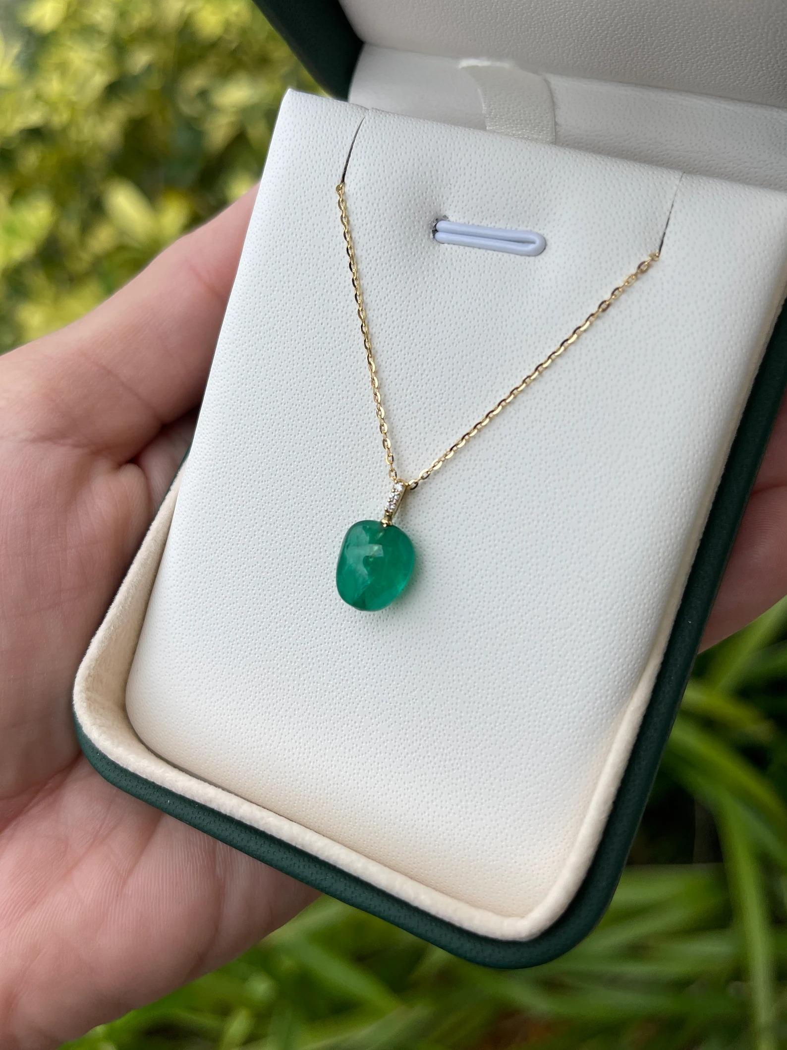4.03tcw Colombian Emerald Rich Irregular Shaped Baroque & Diamond Pendant 18K For Sale 2