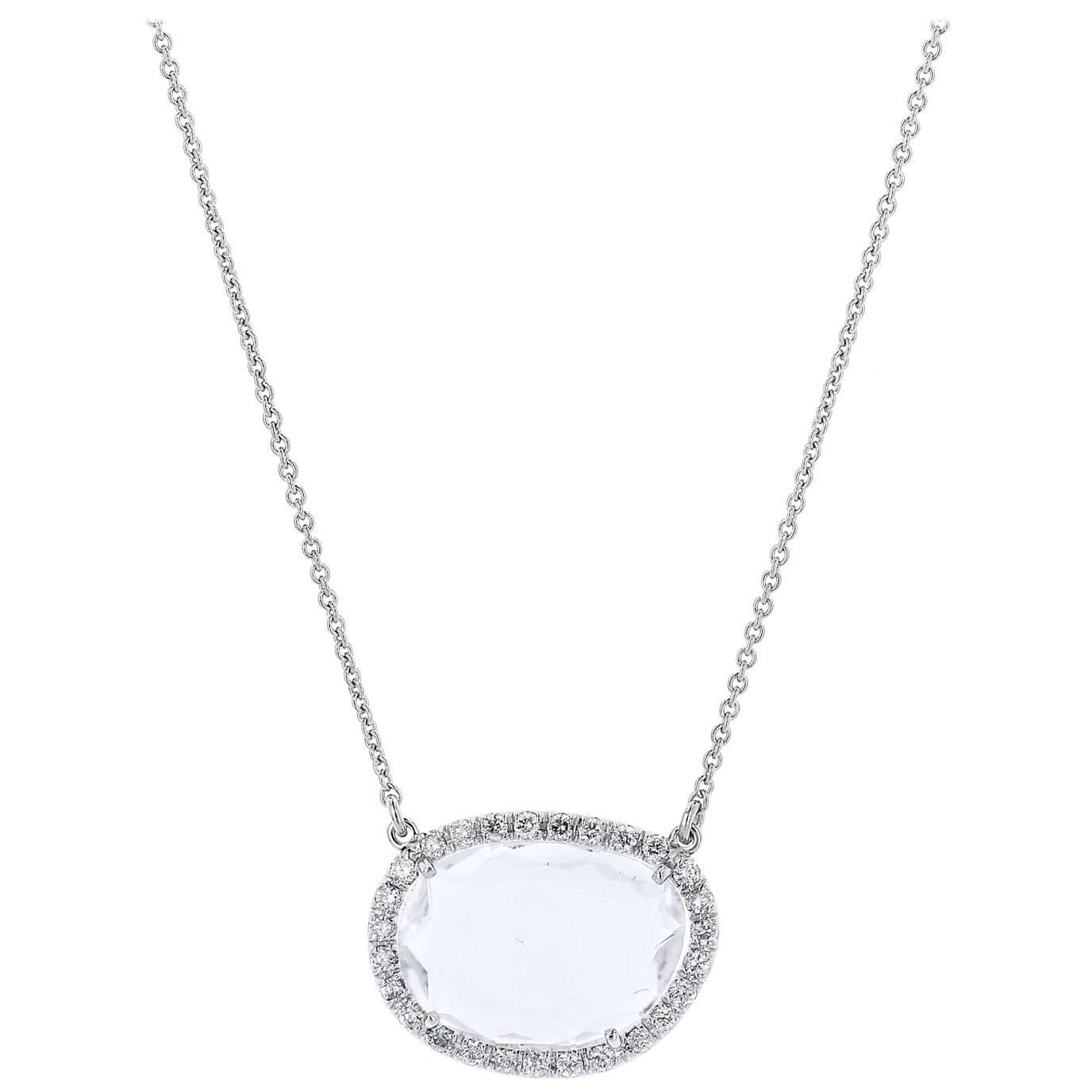 4.04 Carat Cobblestone Cut White Quartz with 27 Pave Set Diamonds Halo Pendant