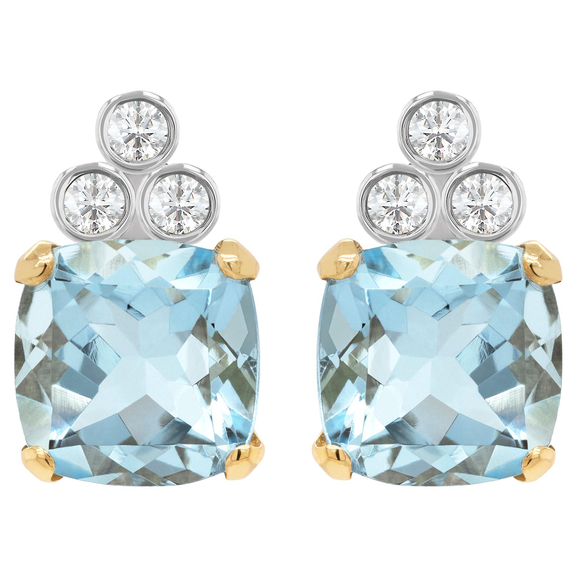 4.04 Carat Cushion Shape Aquamarine and Diamond 18ct Gold Stud Earrings