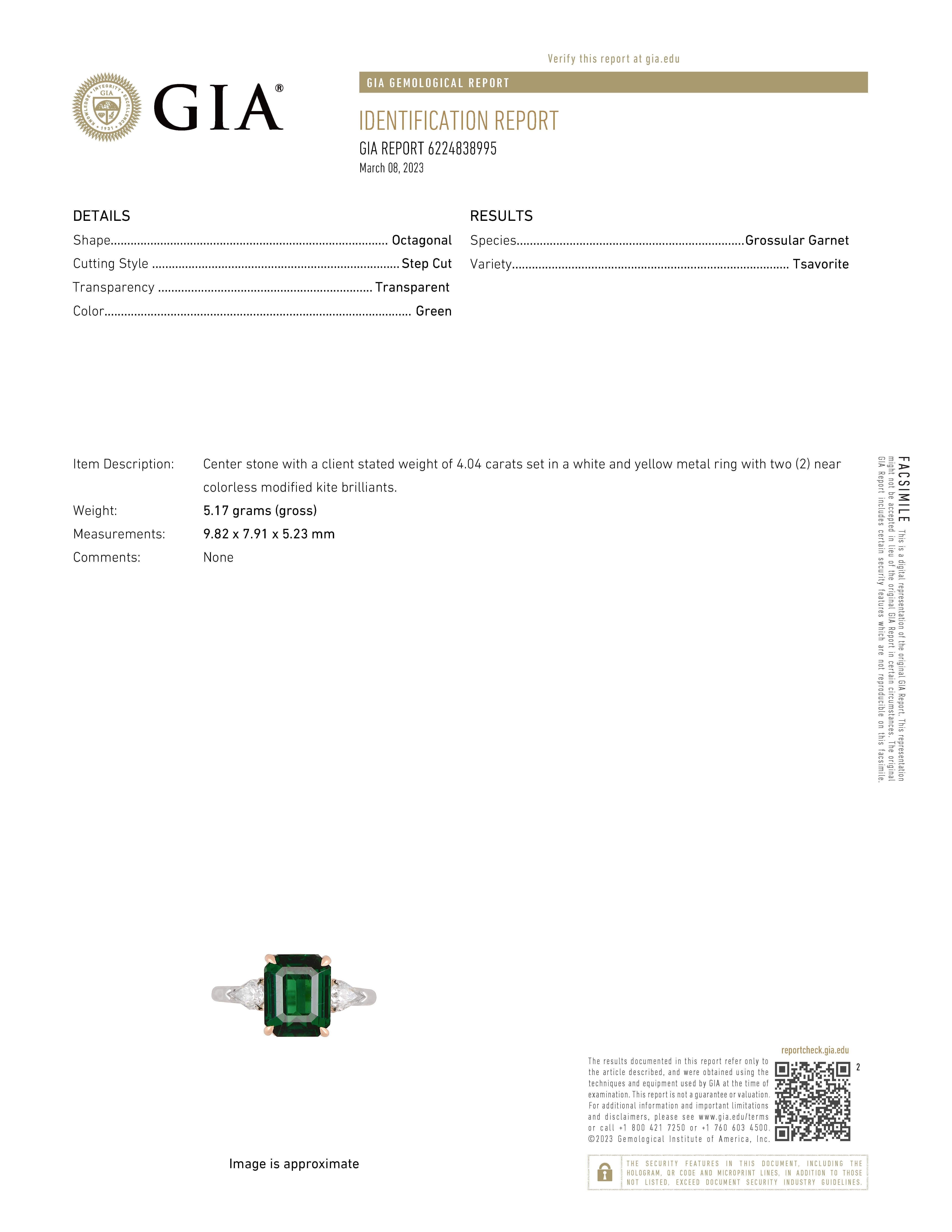 4.04 Carat Emerald Cut Green Tsavorite and Diamond Platinum Ring For Sale 1