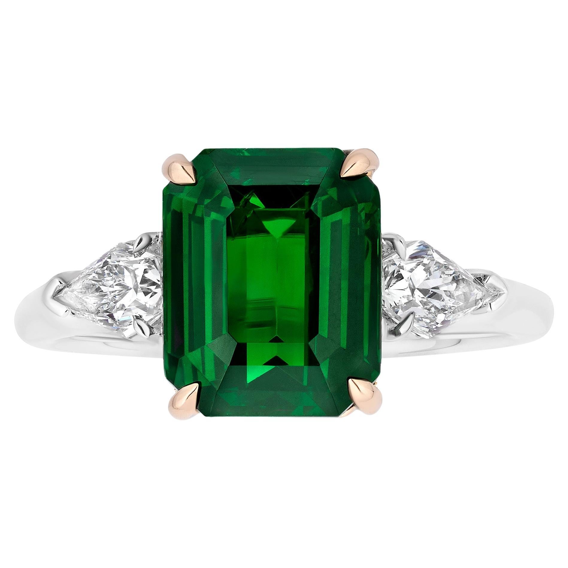 4.04 Carat Emerald Cut Green Tsavorite and Diamond Platinum Ring For Sale