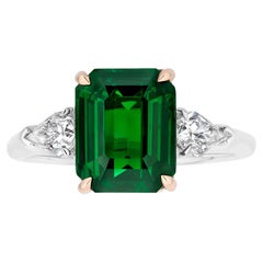4.04 Carat Emerald Cut Green Tsavorite and Diamond Platinum Ring