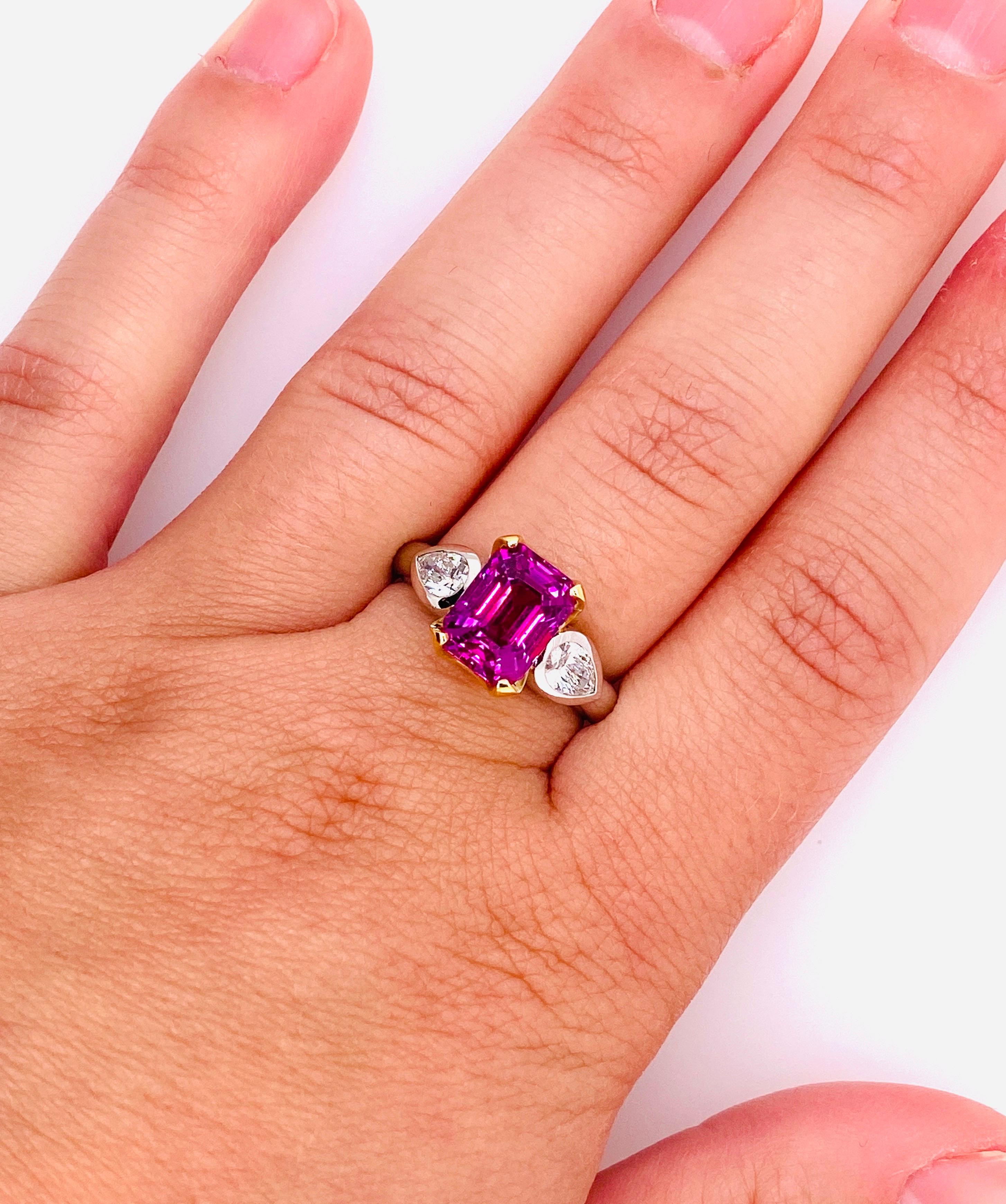 Contemporary 4.04 Carat Emerald Cut Pink Sapphire and Diamond Platinum and 18k Ring For Sale