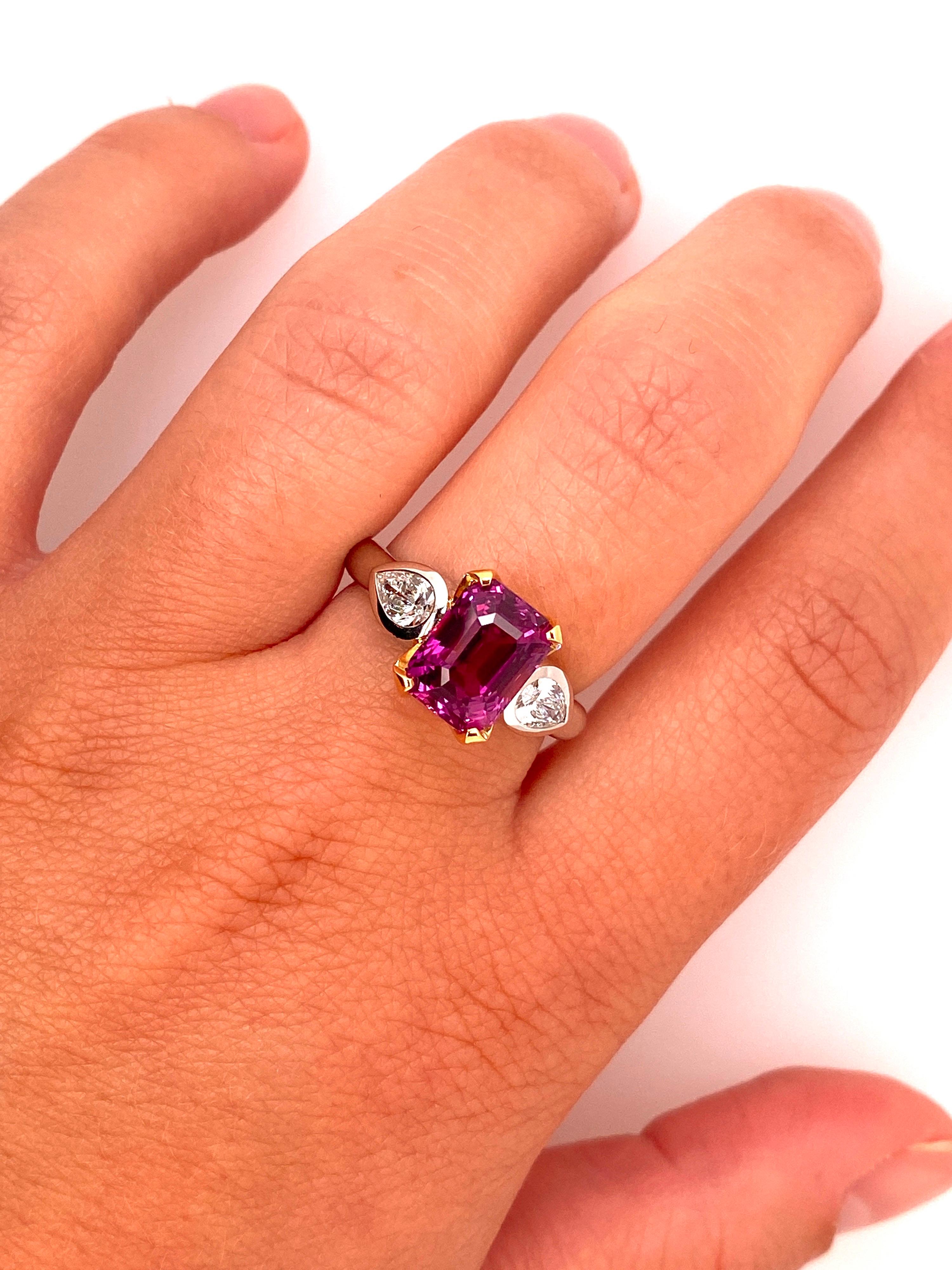 Cushion Cut 4.04 Carat Emerald Cut Pink Sapphire and Diamond Platinum and 18k Ring For Sale