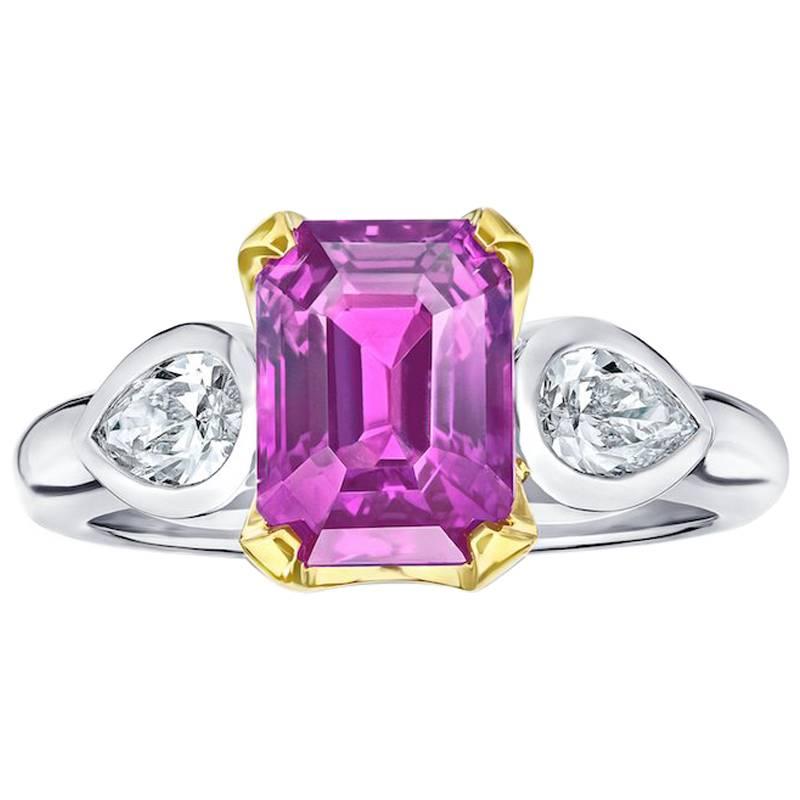 4.04 Carat Emerald Cut Pink Sapphire and Diamond Platinum and 18k Ring For Sale