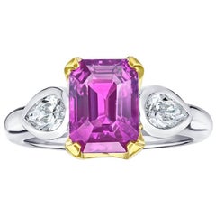 4.04 Carat Emerald Cut Pink Sapphire and Diamond Platinum and 18k Ring