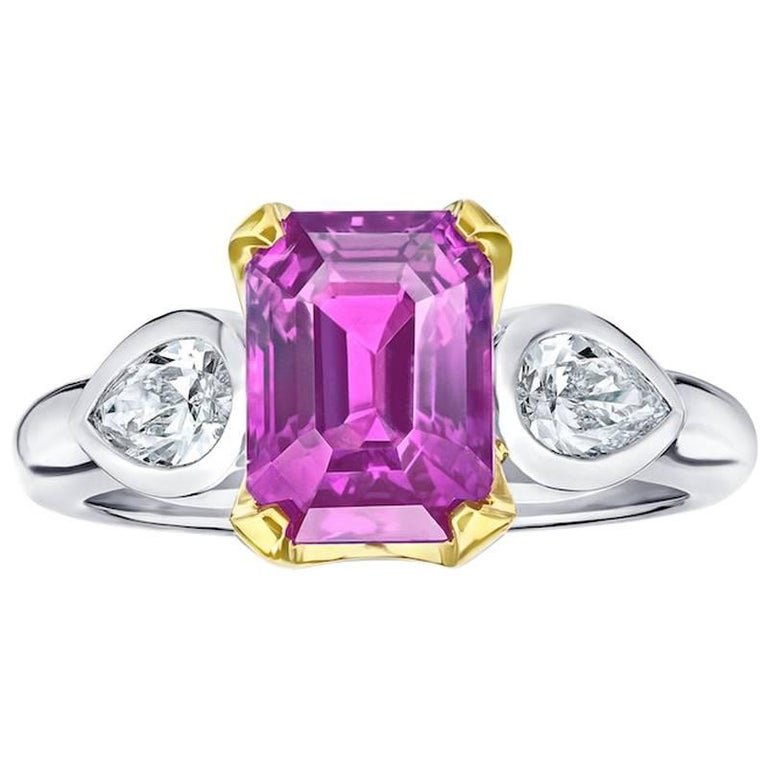4.04 Carat Emerald Cut Pink Sapphire and Diamond Platinum and 18k Ring ...