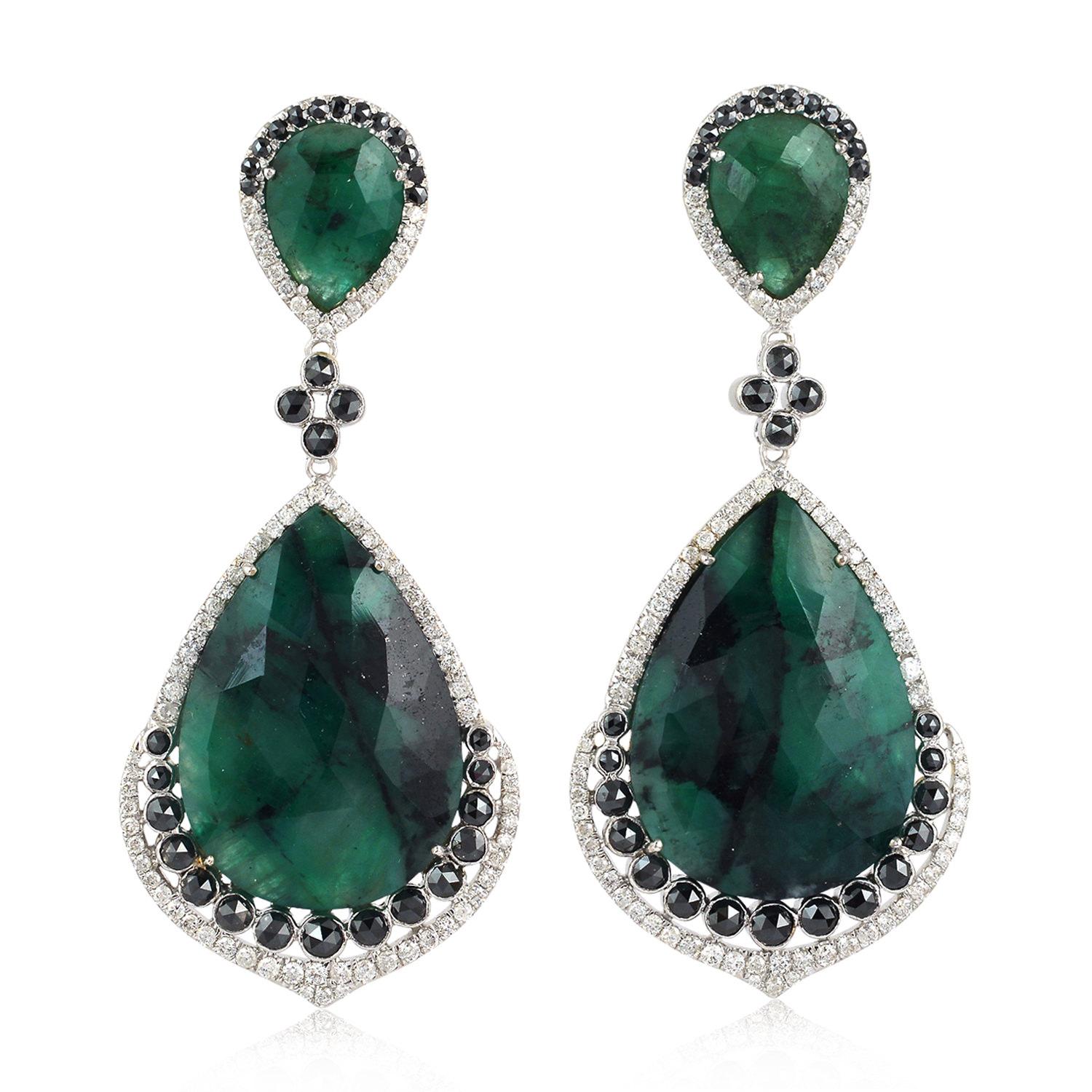 Rose Cut 40.4 Carat Emerald Diamond 18 Karat Gold Earrings For Sale