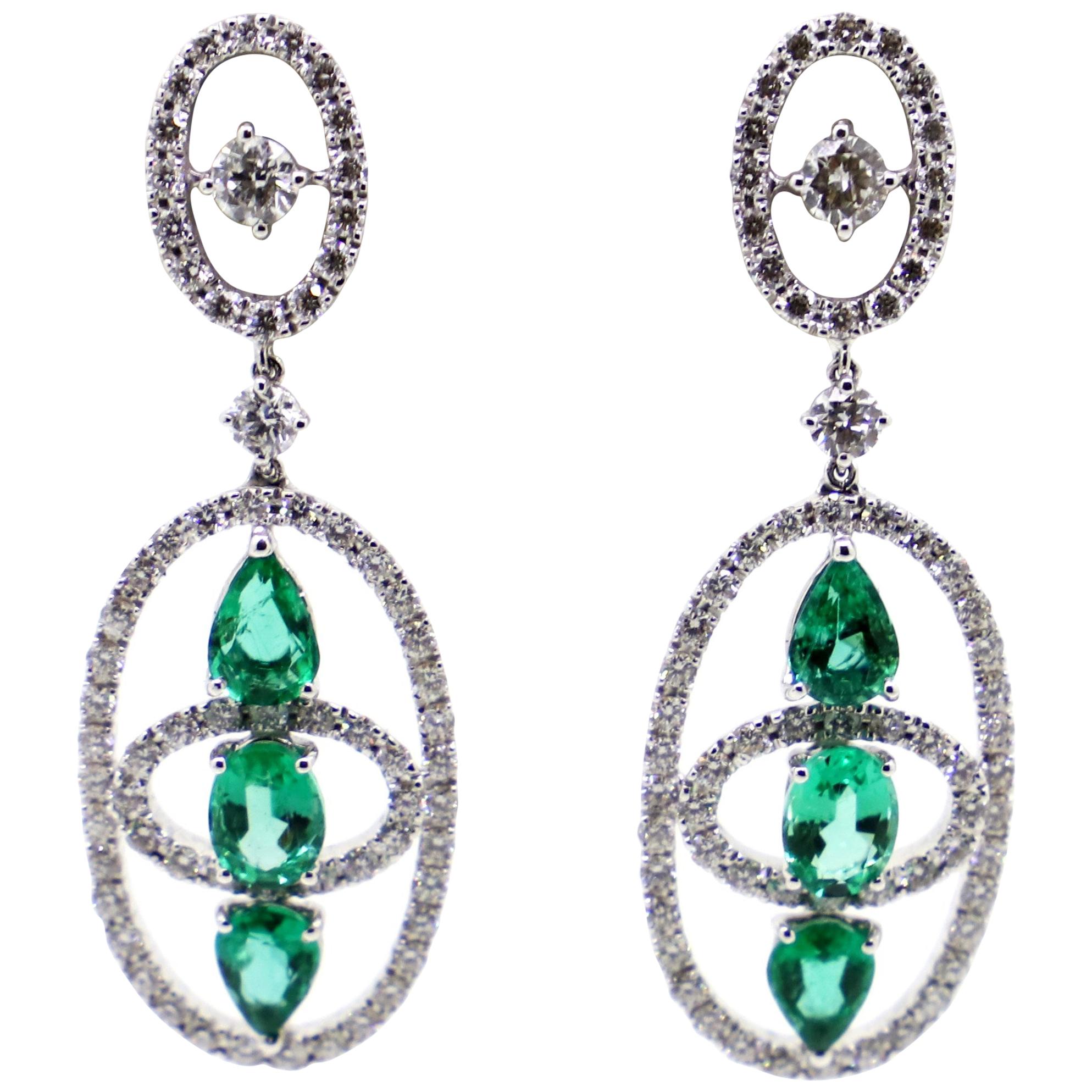 4.04 Carat Emeralds and 3.06 Carat White Diamonds Dangle Earrings For Sale