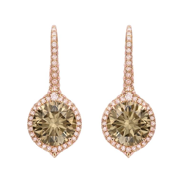 18 Karat Rose Gold Fancy Brown Diamond Fancy Pink Diamond Pavé Drop Earrings For Sale