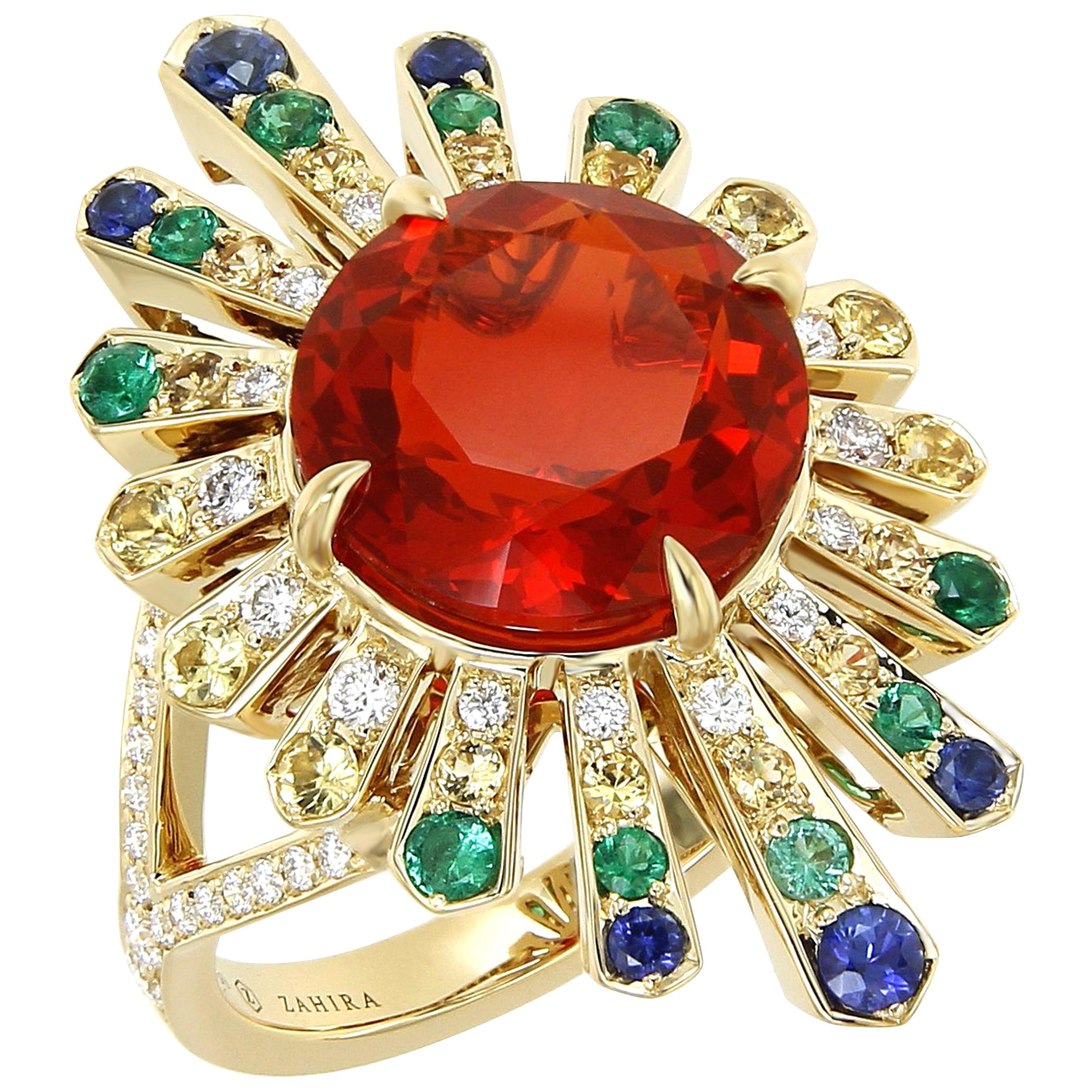 4.04 Carat Mexican Fire Opal Colored Sapphires Diamond Cocktail Ring 18k Gold