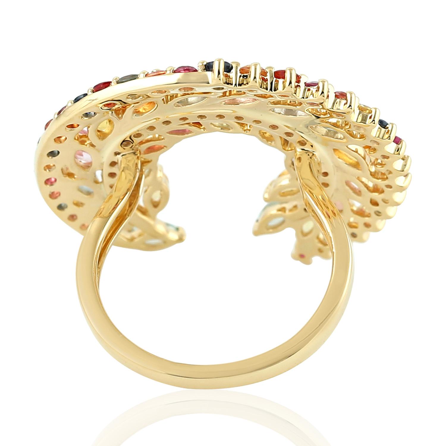 Contemporary Multi Sapphire Crescent 18 Karat Gold Ring For Sale