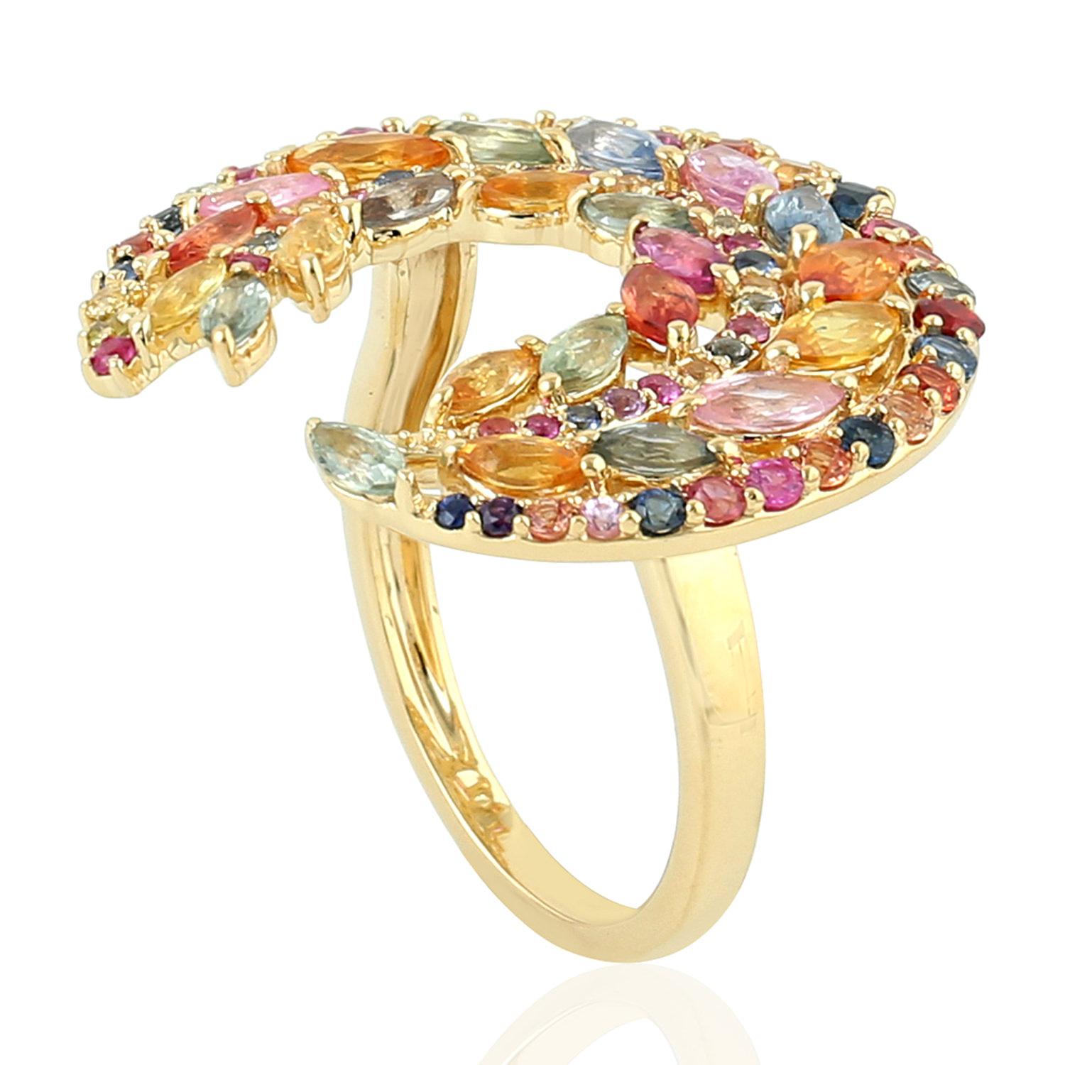 Mixed Cut Multi Sapphire Crescent 18 Karat Gold Ring For Sale