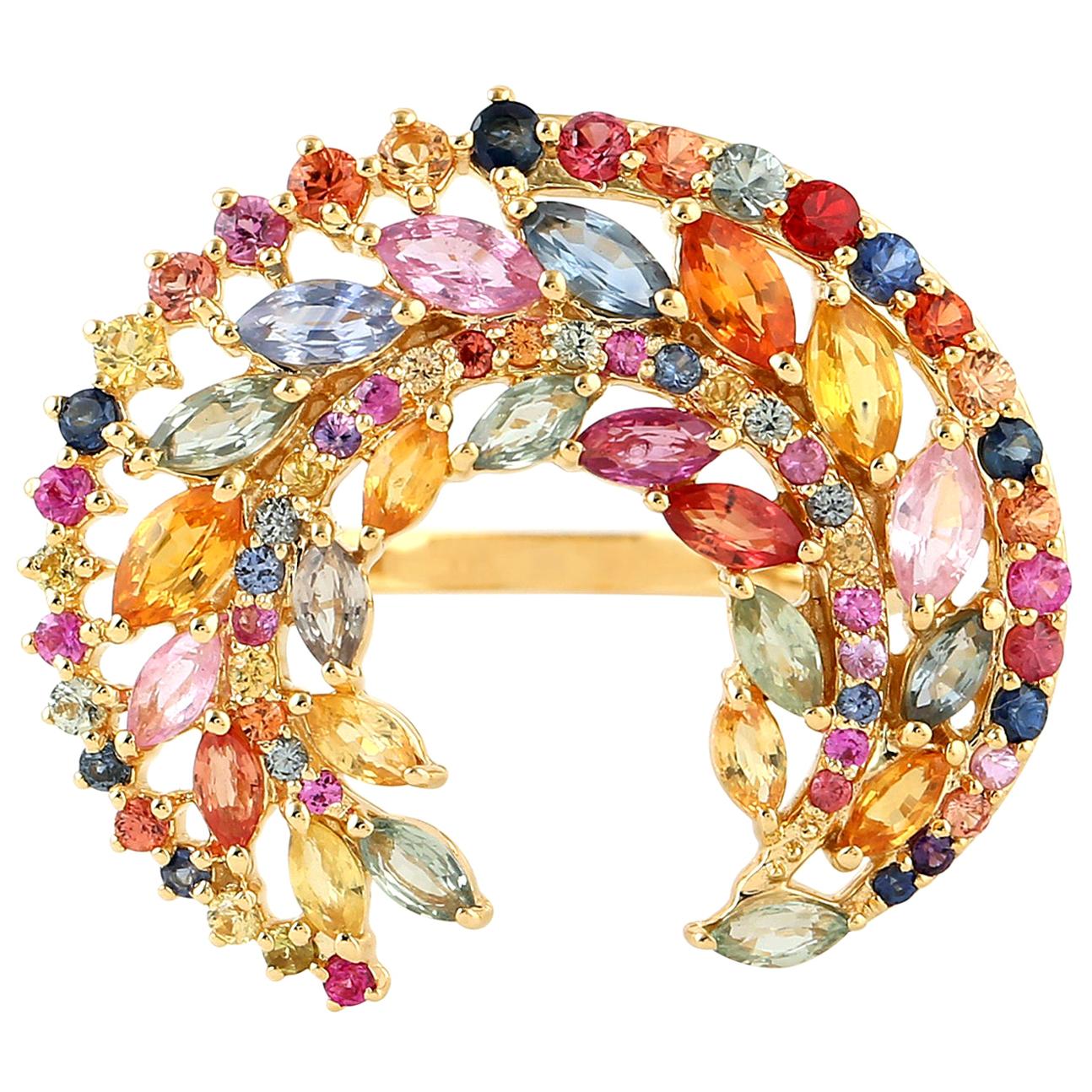 Multi Sapphire Crescent 18 Karat Gold Ring For Sale