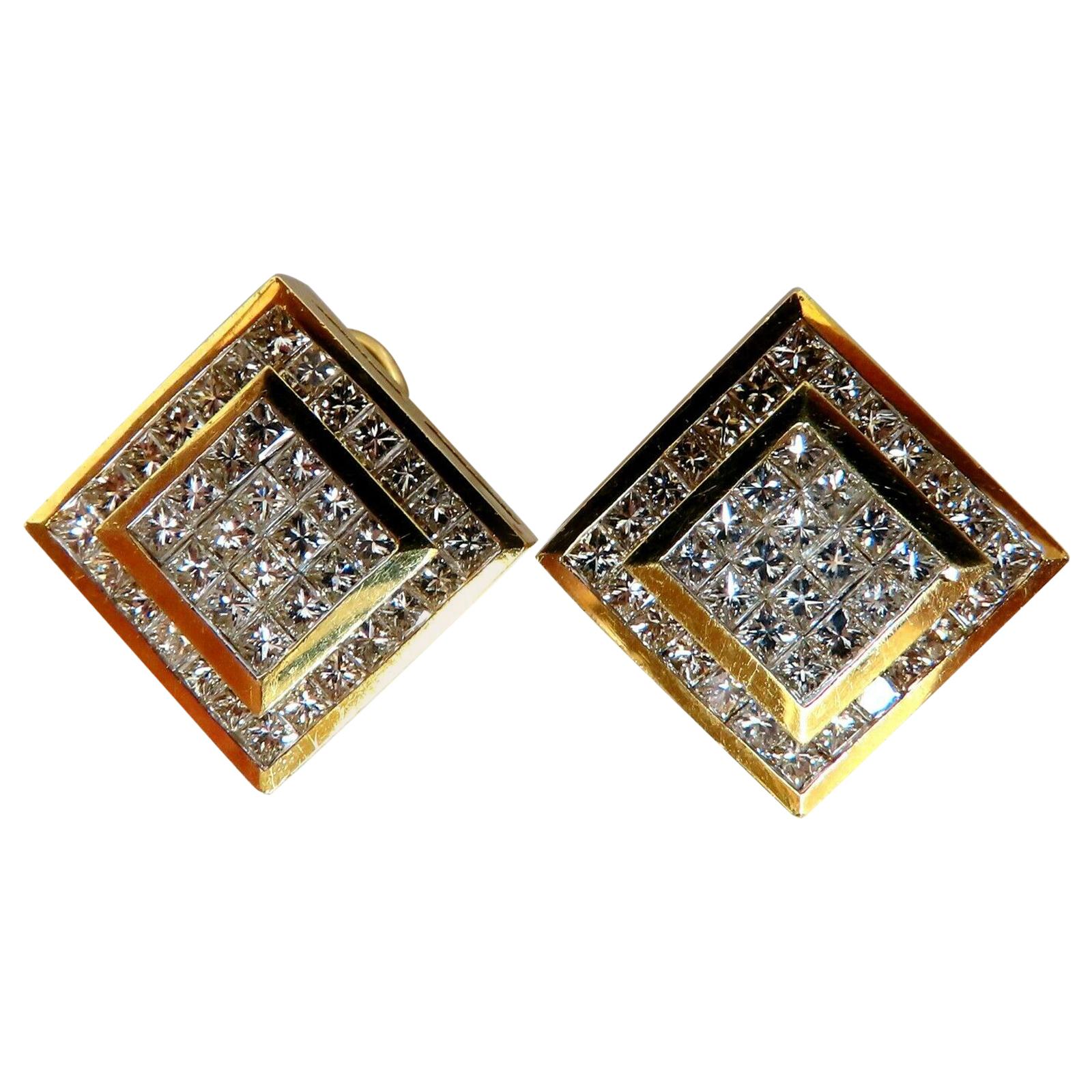 4.04 Carat Natural Diamonds Cluster Channel Princess Clip Earrings 18 Karat For Sale