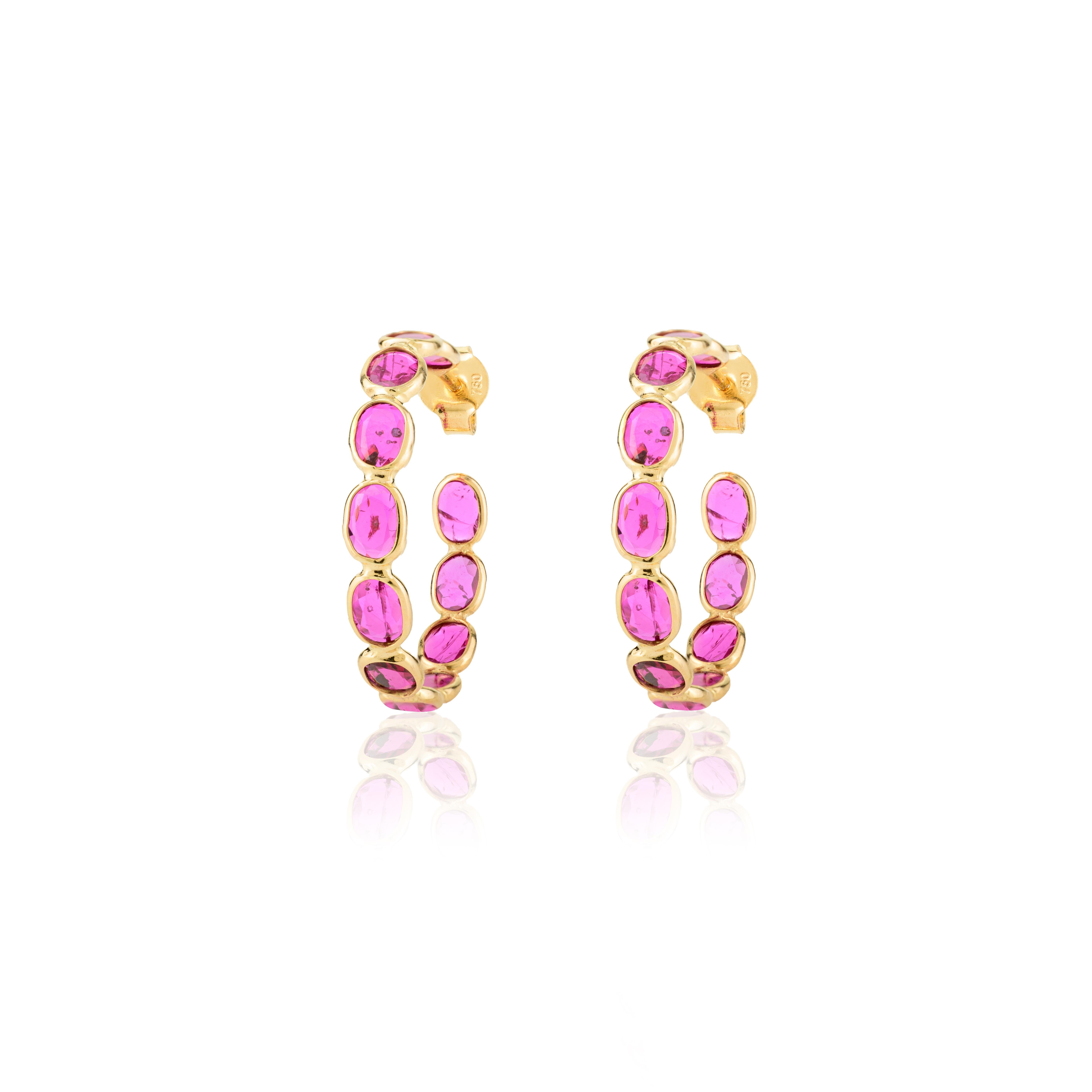 Contemporary 4.04 Carat Natural Ruby Open Hoop Earrings for Her in 18k Solid Yellow Gold For Sale