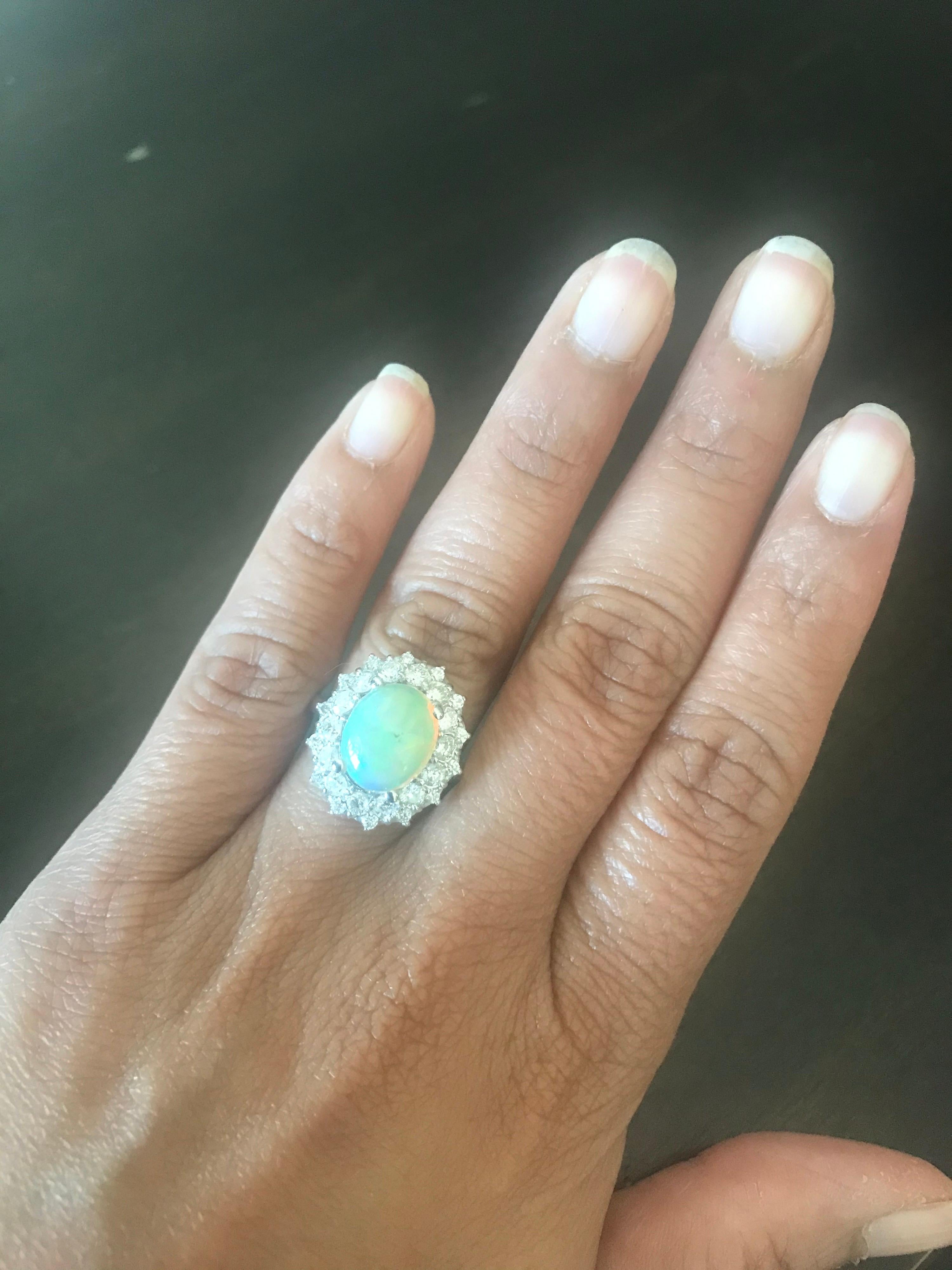 Women's 4.04 Carat Opal Diamond 14 Karat White Gold Cluster Ring