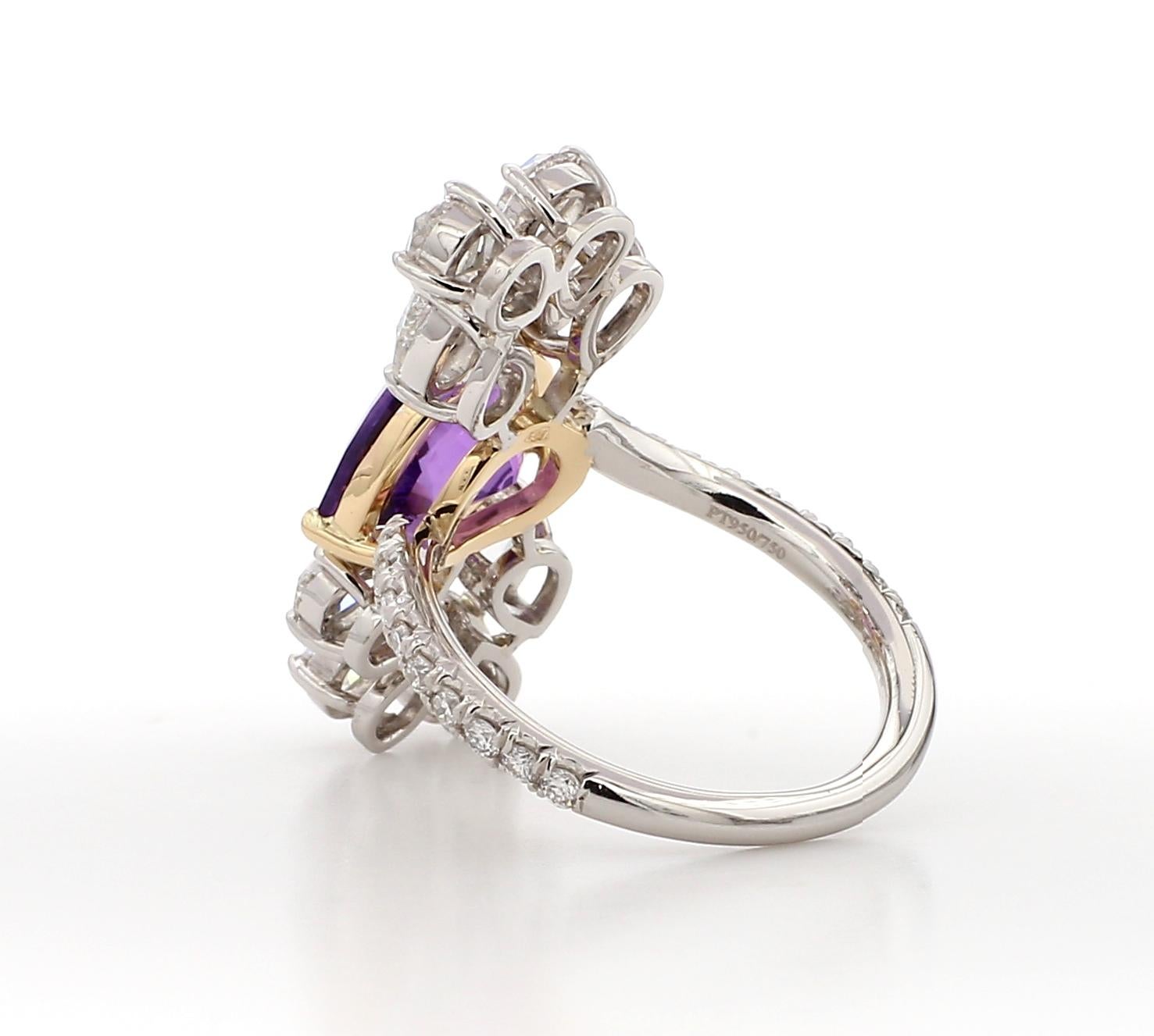 4.04 Carat Purple Amethyst and White Diamond, Cocktail Ring, Set in Platinum For Sale 1